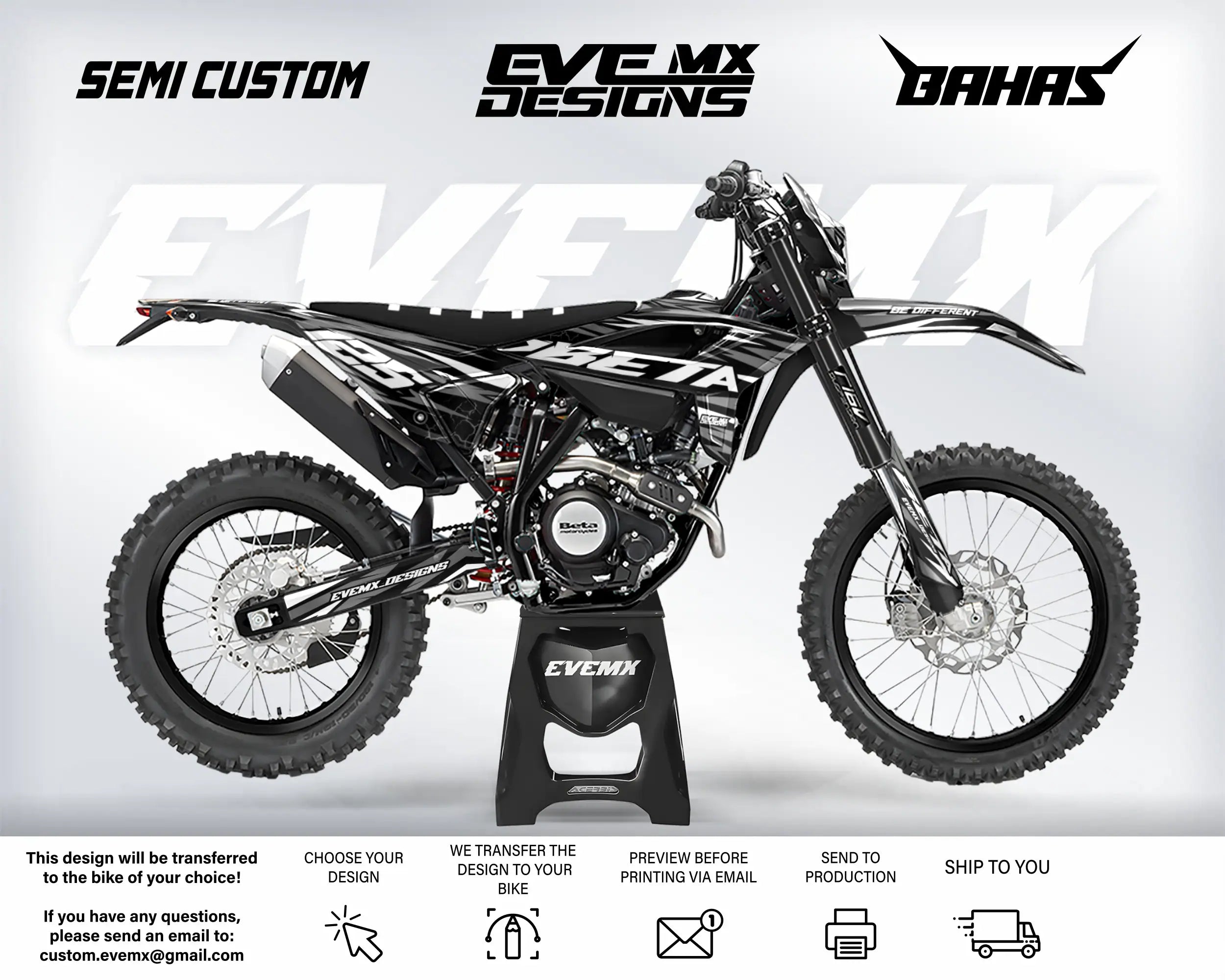Motocross bike with 'EveMX Designs' branding on a white background