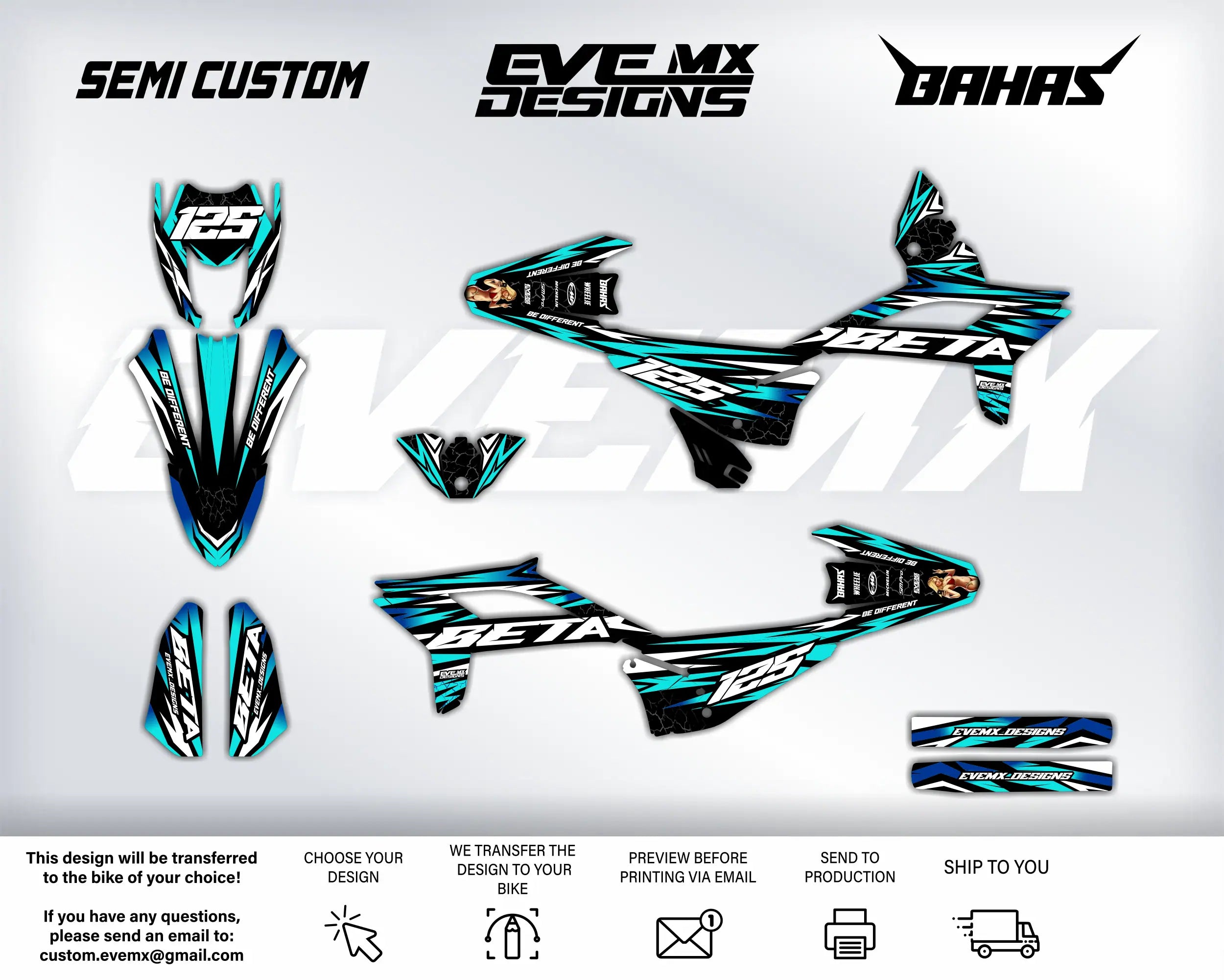 Motorcycle decals with 'Semi Custom', 'EveMX Designs', and 'Bahas' branding on a white background.
