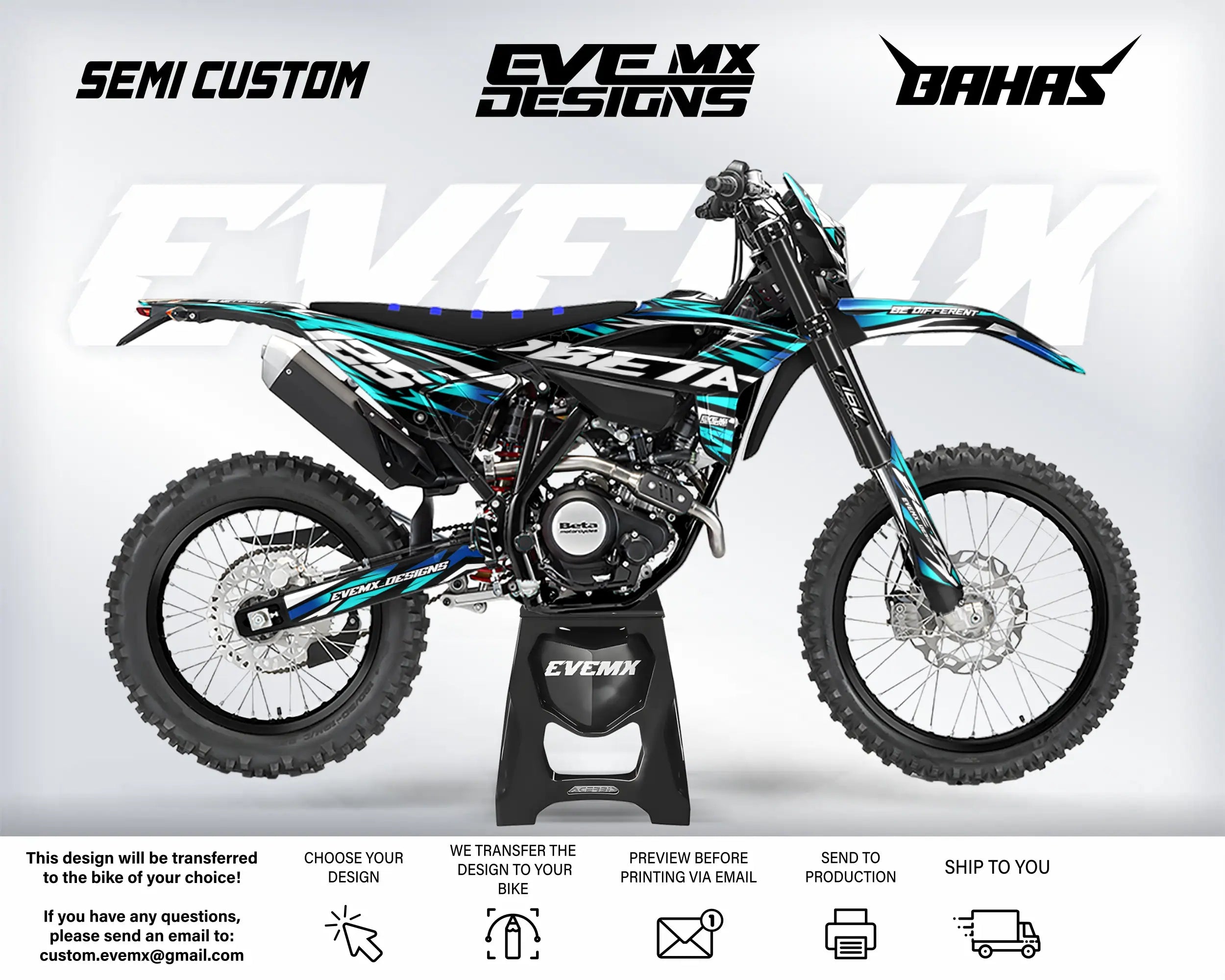 Motocross bike with custom graphics on a white background, featuring EveMx Designs branding and design transfer information.