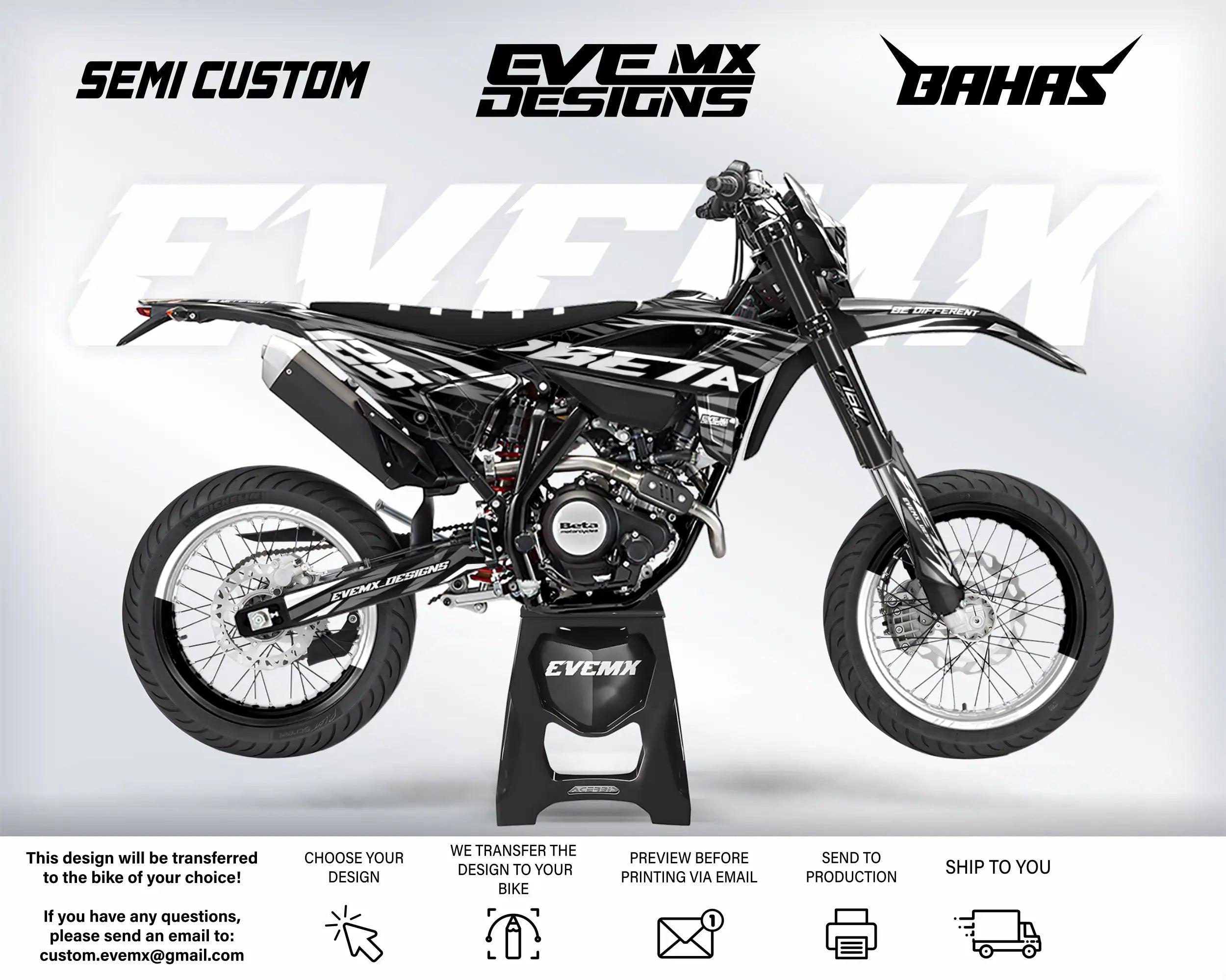 Motorcycle with 'EveMX Designs' branding on a white background
