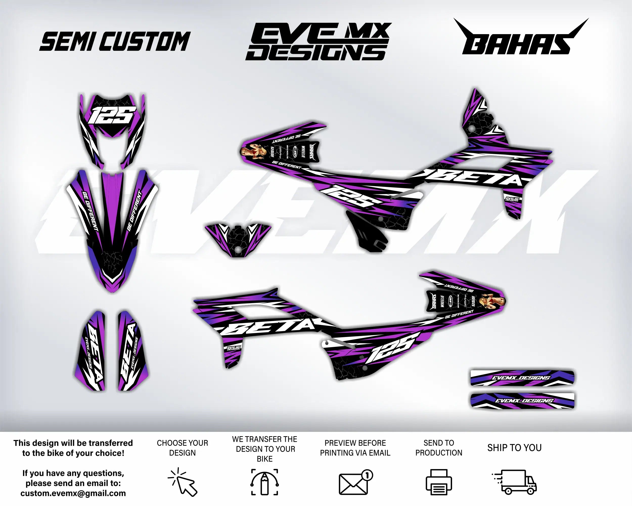 Motorcycle wrap design with 'Semi Custom', 'EveMX Designs', and 'Bahas' branding on a white background.