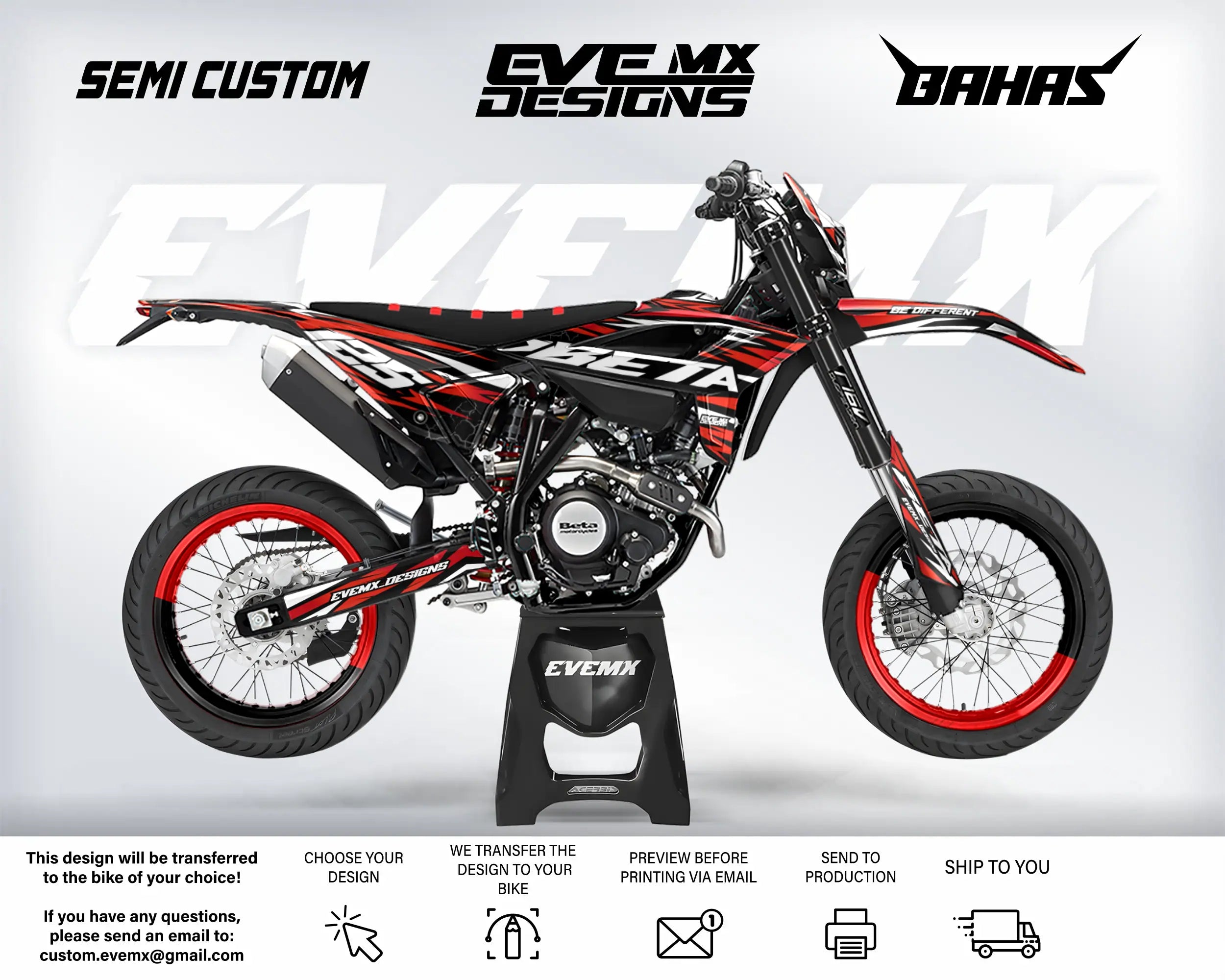 Motorcycle with custom design elements on a white background, featuring EveMx Designs branding and design transfer information.
