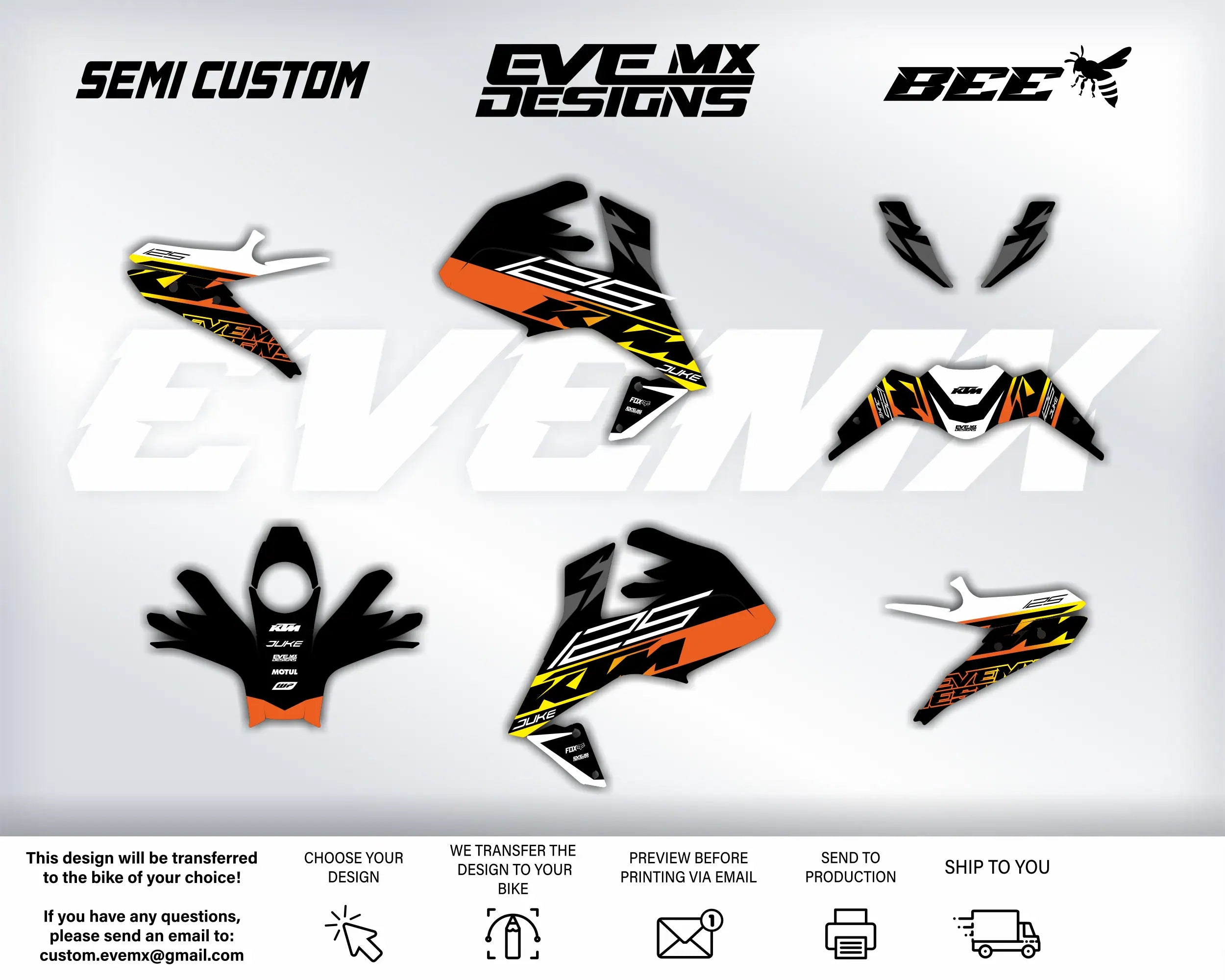 Collection of motorcycle decals with EveMx Designs branding on a white background