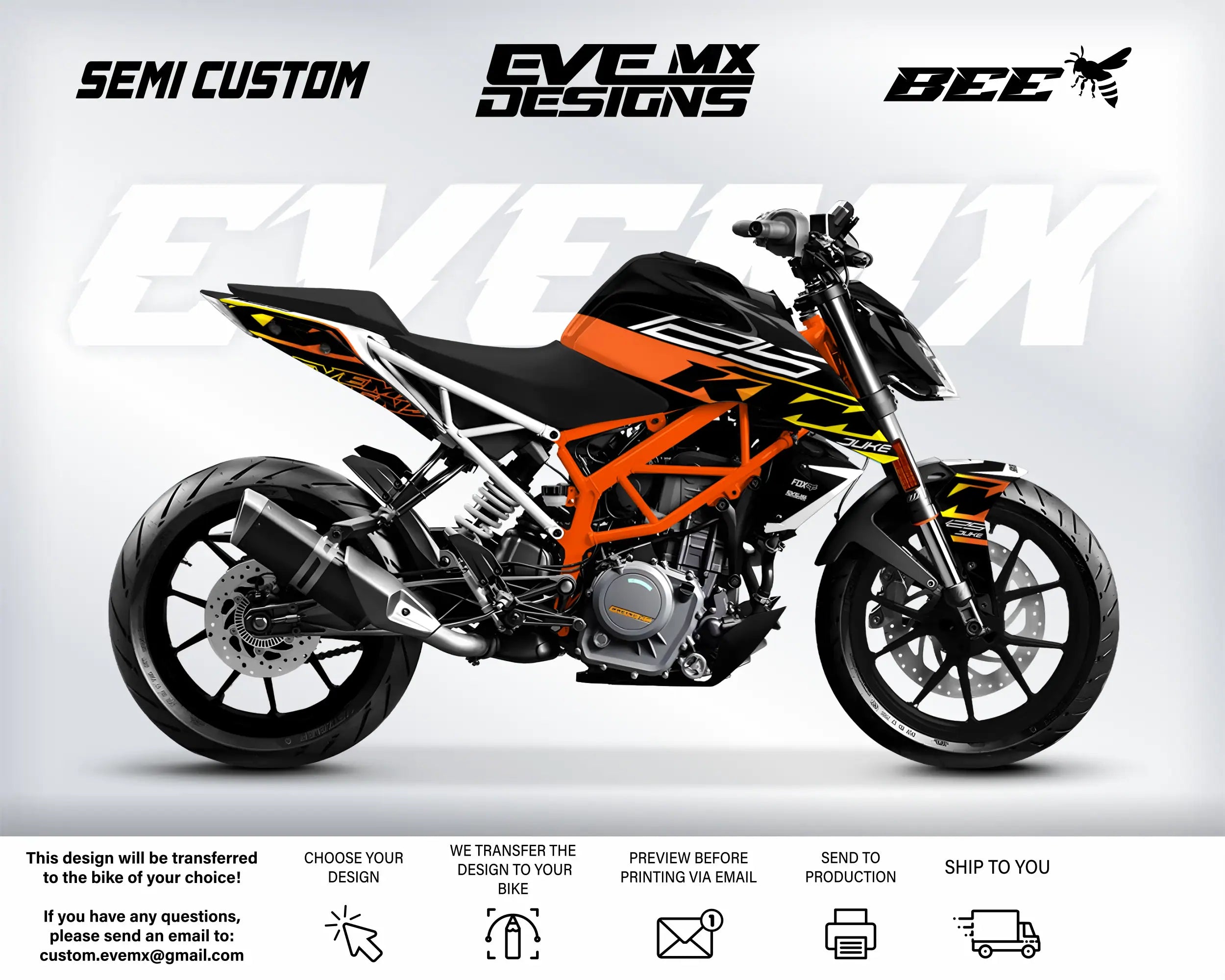 Orange and black motorcycle with EveMx Designs branding on a white background