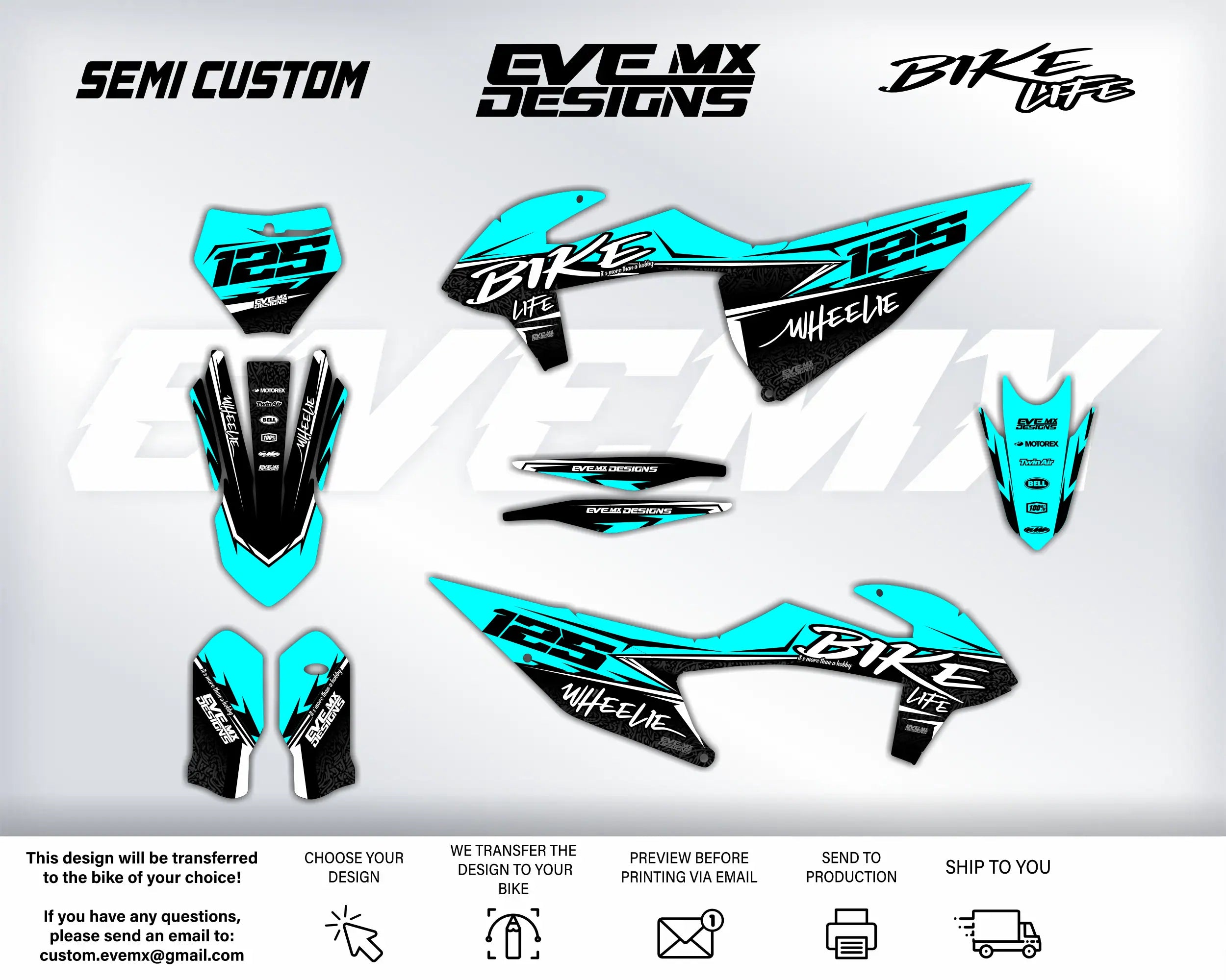 Motorcycle decals with 'Semi Custom', 'EveMX Designs', and 'Bike Life' branding on a white background.