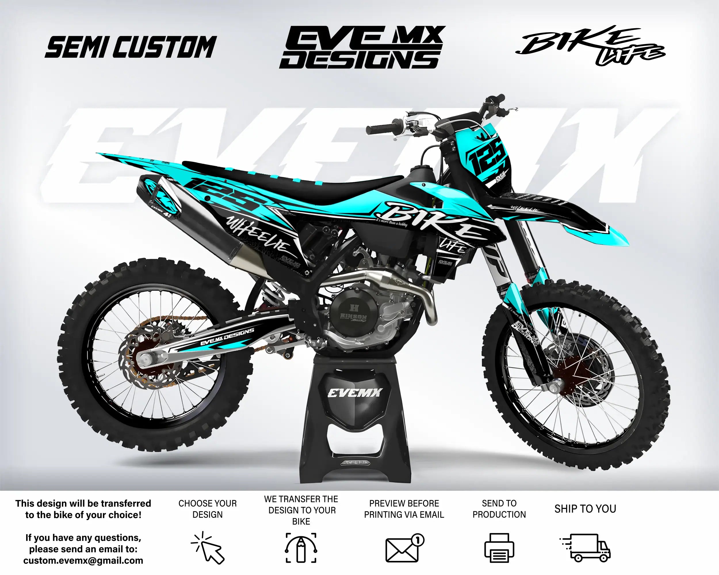 Motocross bike with teal and black design on a white background, featuring 'EveMX Designs' branding.