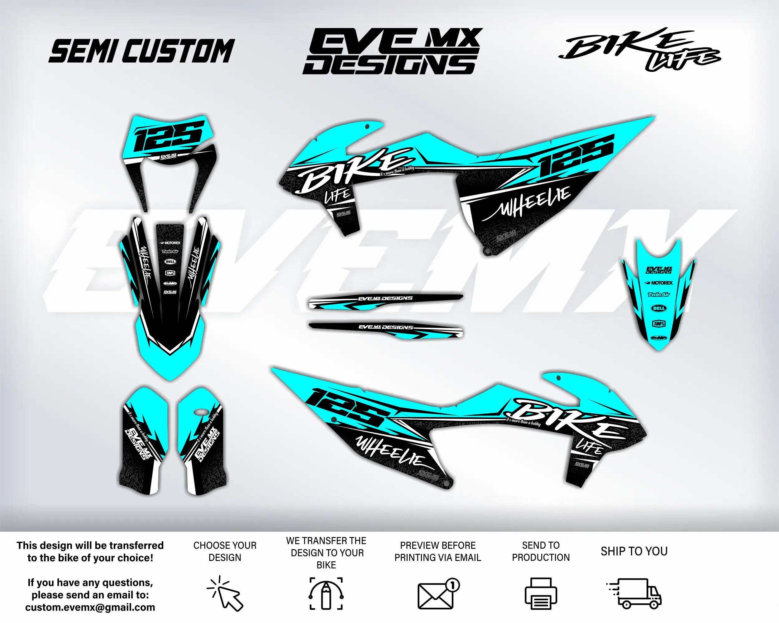 Motorcycle decals with 'Semi Custom', 'EveMX Designs', and 'Bike Life' branding on a white background.