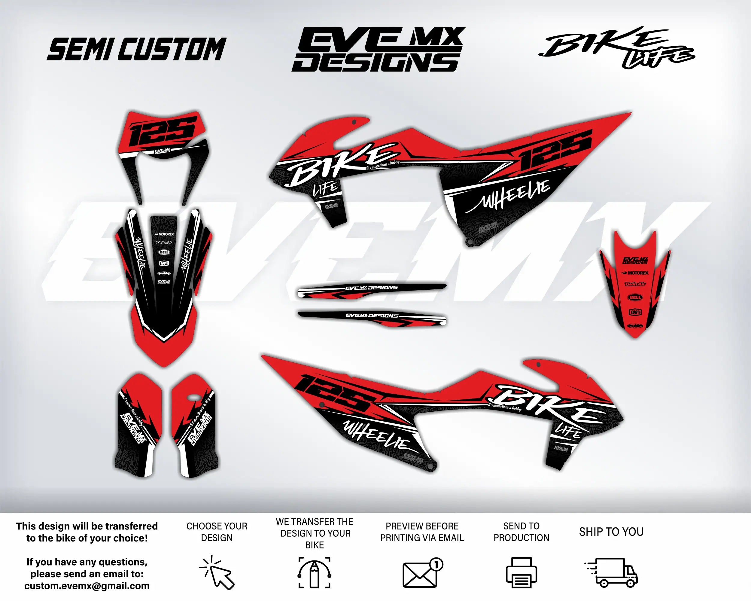 Motorcycle decals with EveMx Designs branding and product information on a white background