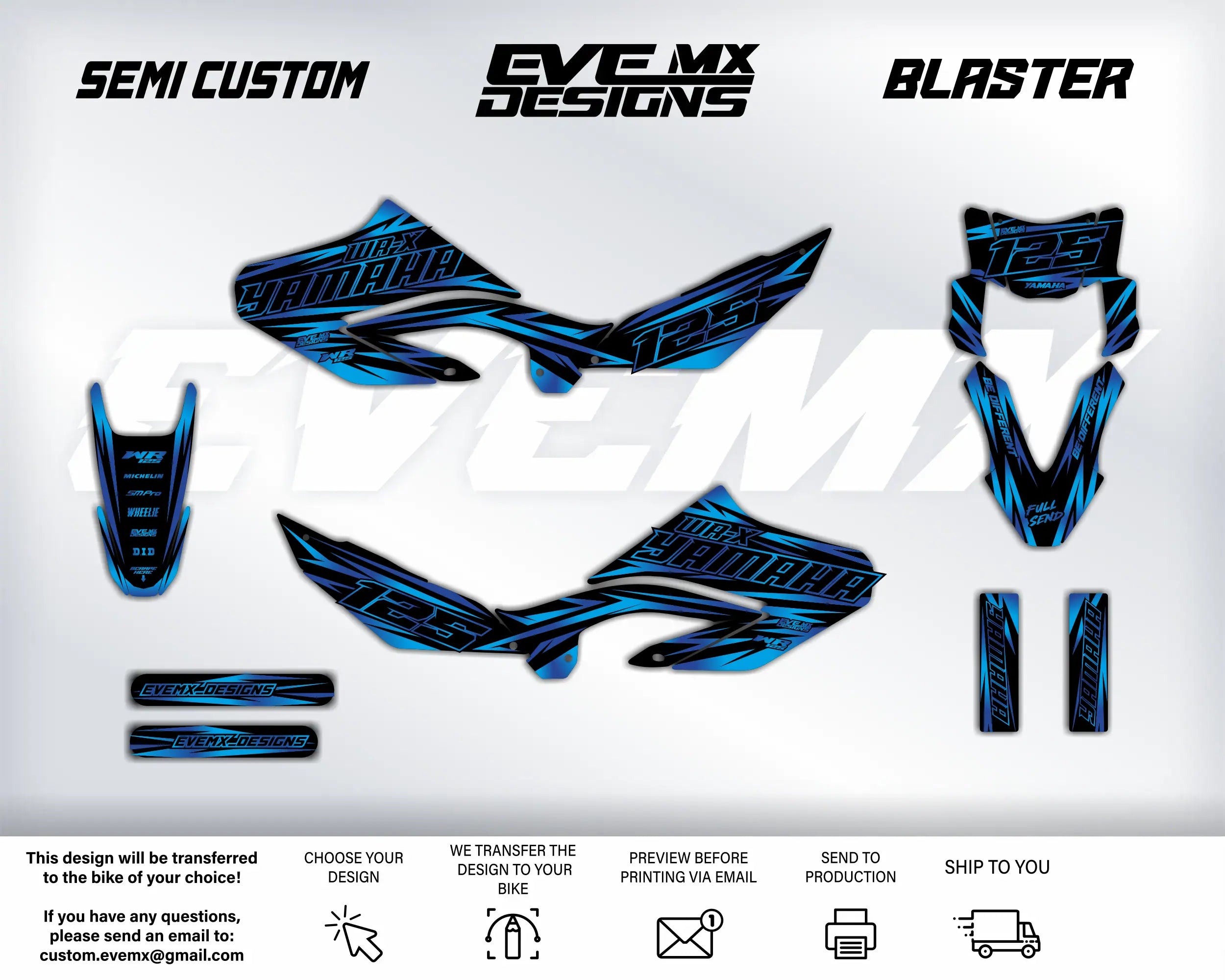 Motorcycle graphics kit with 'Semi Custom' and 'EveMX Designs' branding on a white background.