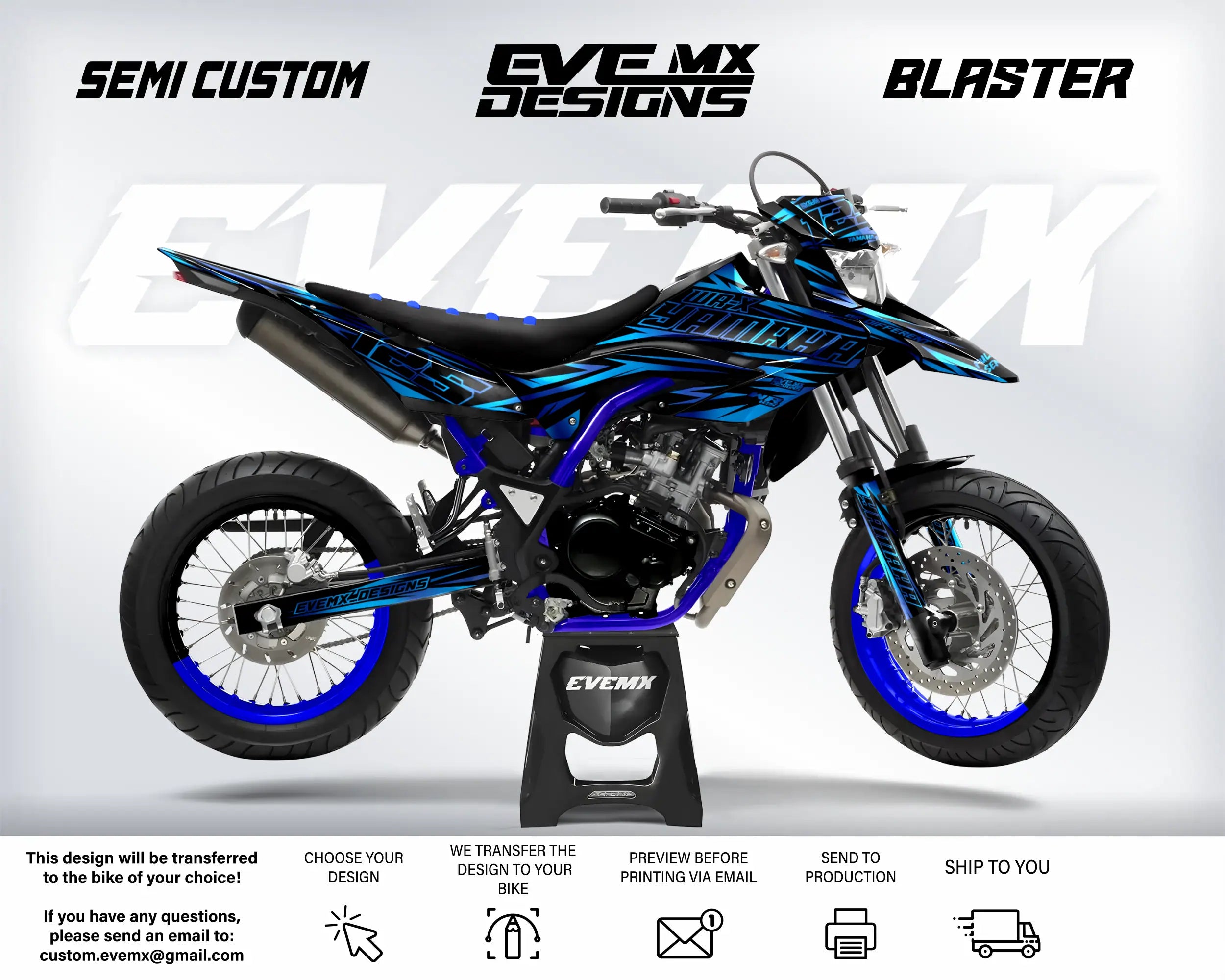 Blue and black dirt bike with 'EveMX Designs' branding on a white background