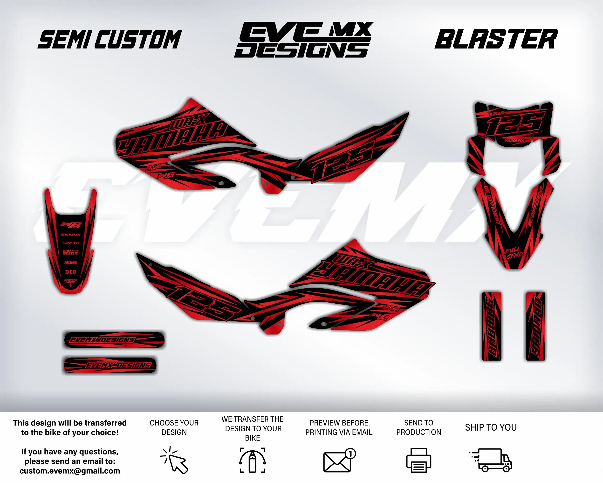 Red and black motorcycle decals with 'EveMX Designs' branding on a white background.