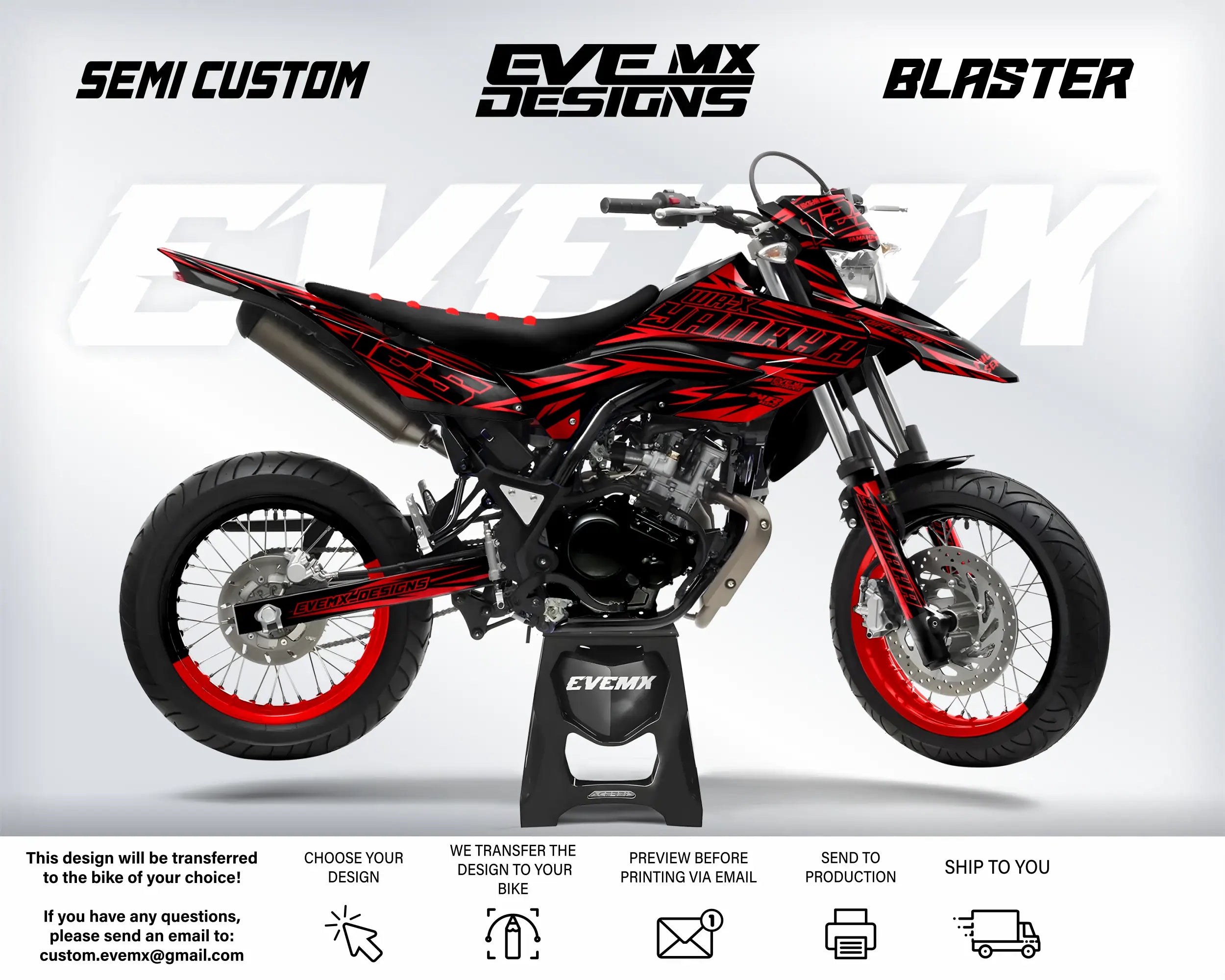 Motorcycle with red and black design on a white background, featuring 'EveMX Designs' branding.