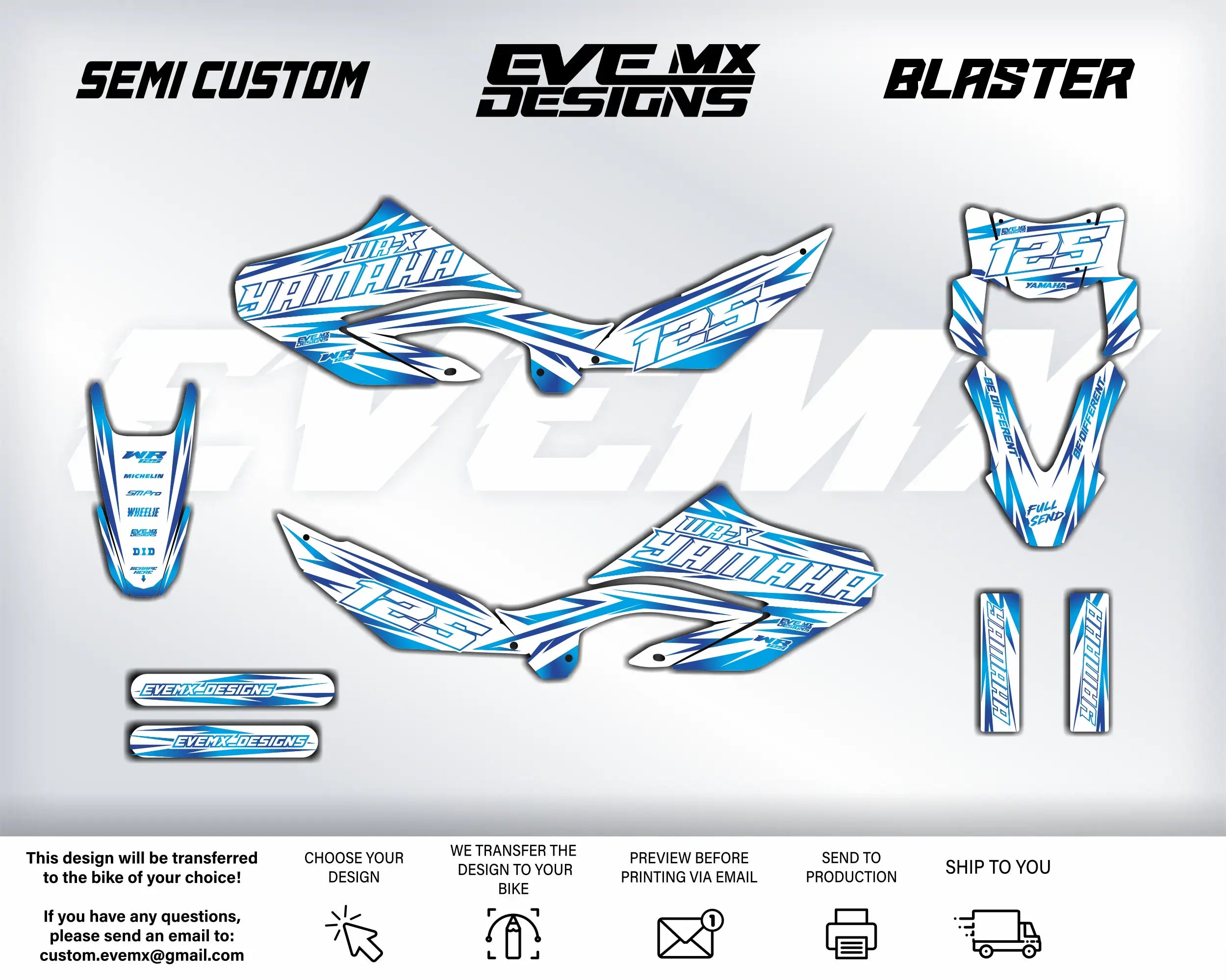 Motorcycle decals with 'EveMX Designs' branding on a white background