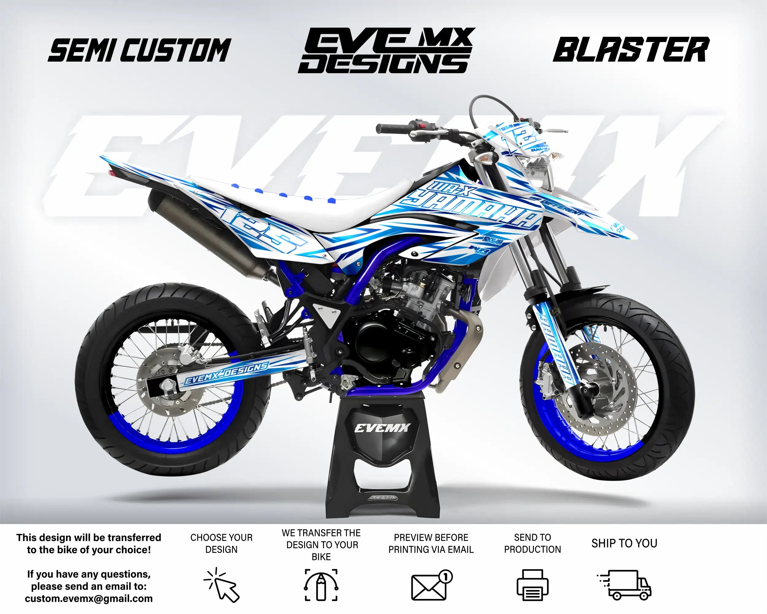 Motorcycle with 'EveMX Designs' branding on a gray background
