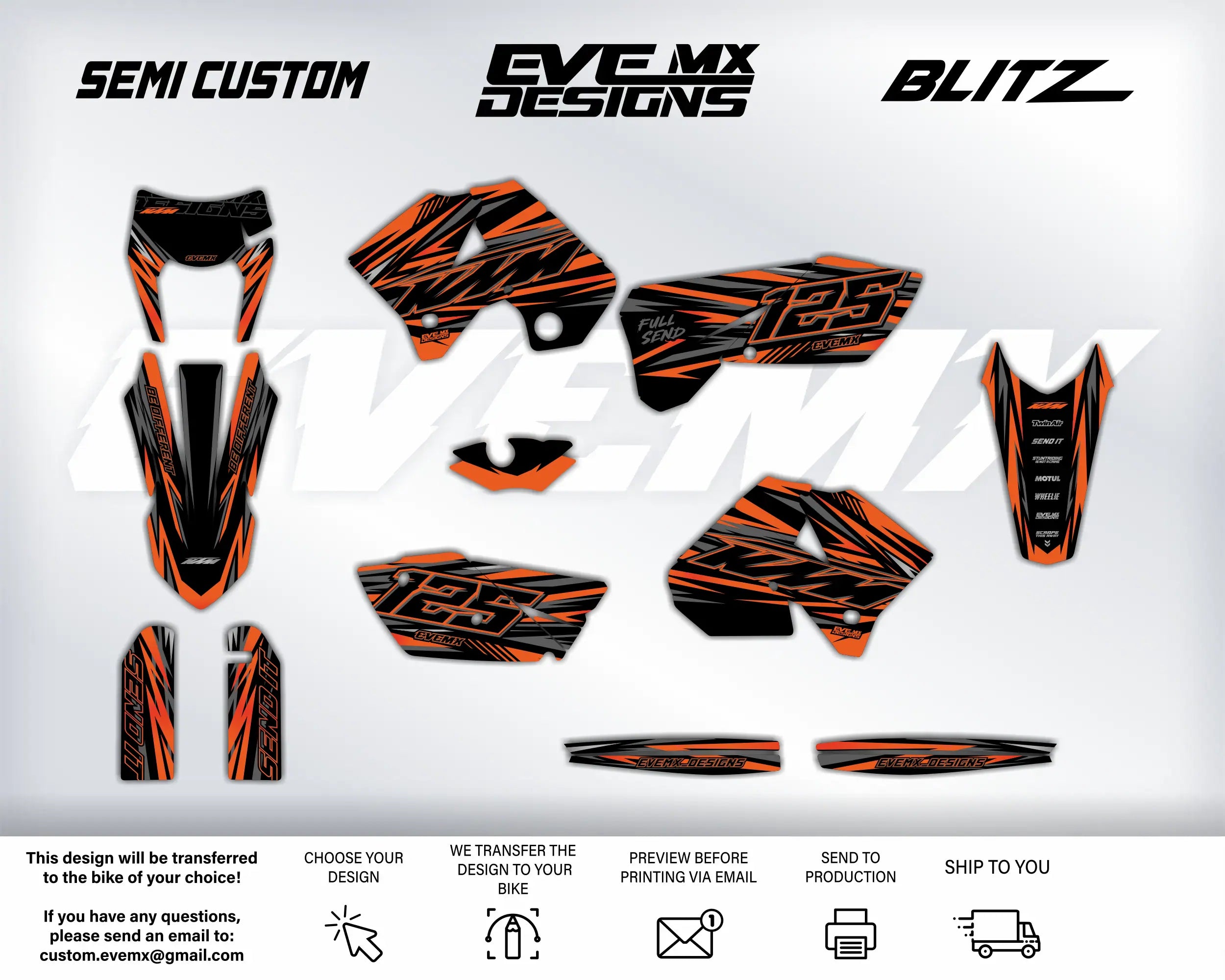 Collection of orange and black motorcycle decals with EveMx Designs branding on a white background