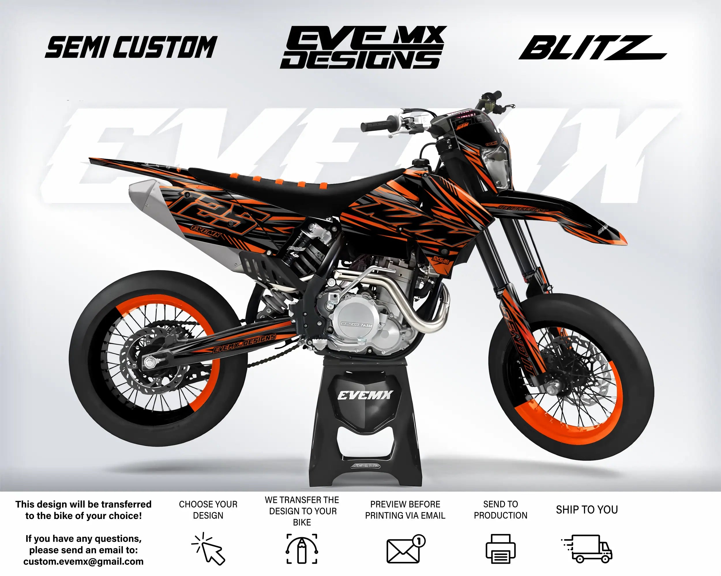 Orange and black motorcycle with 'EveMX Designs' branding on a white background