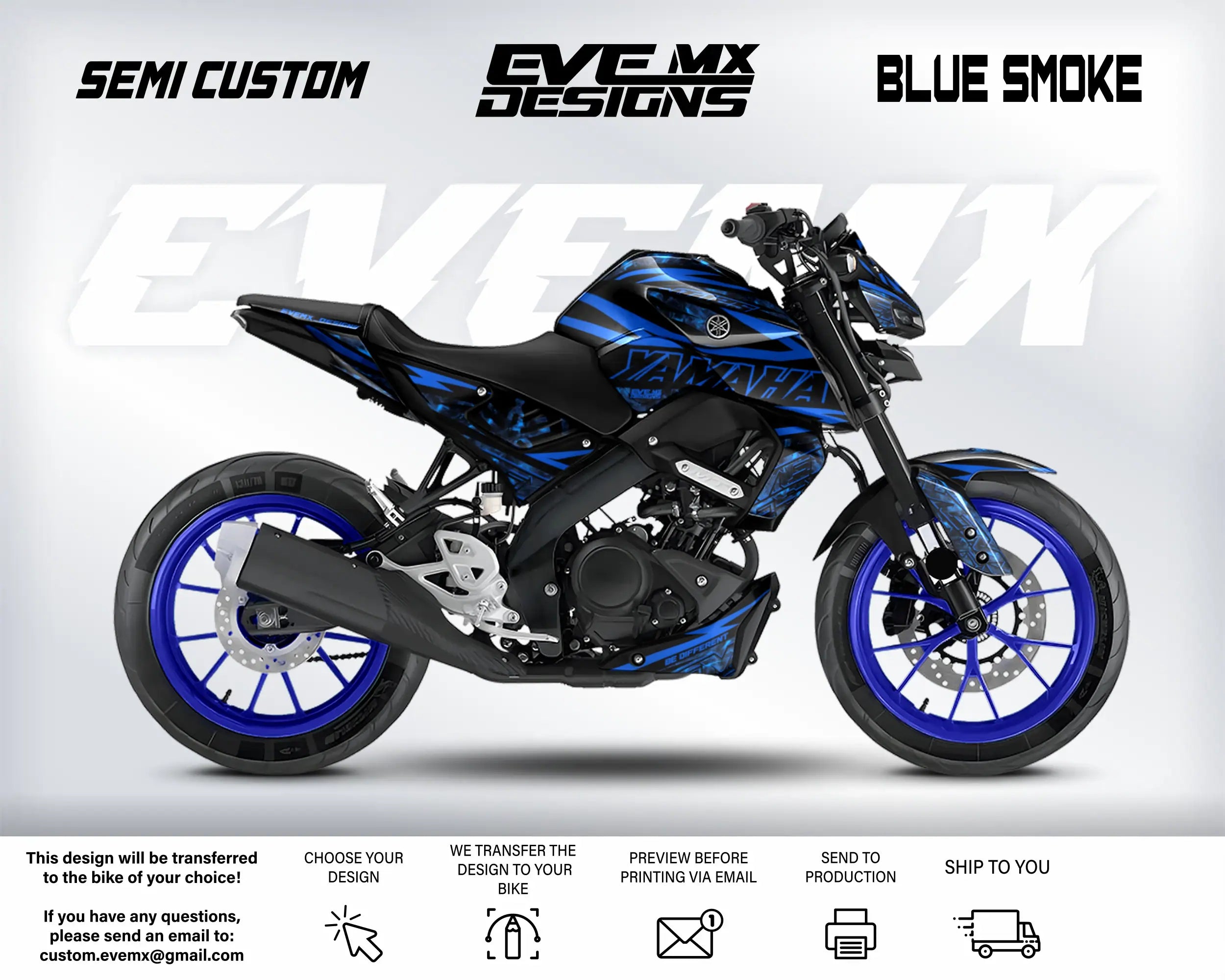 Motorcycle with blue smoke design on a white background, featuring 'EveMX Designs' branding.