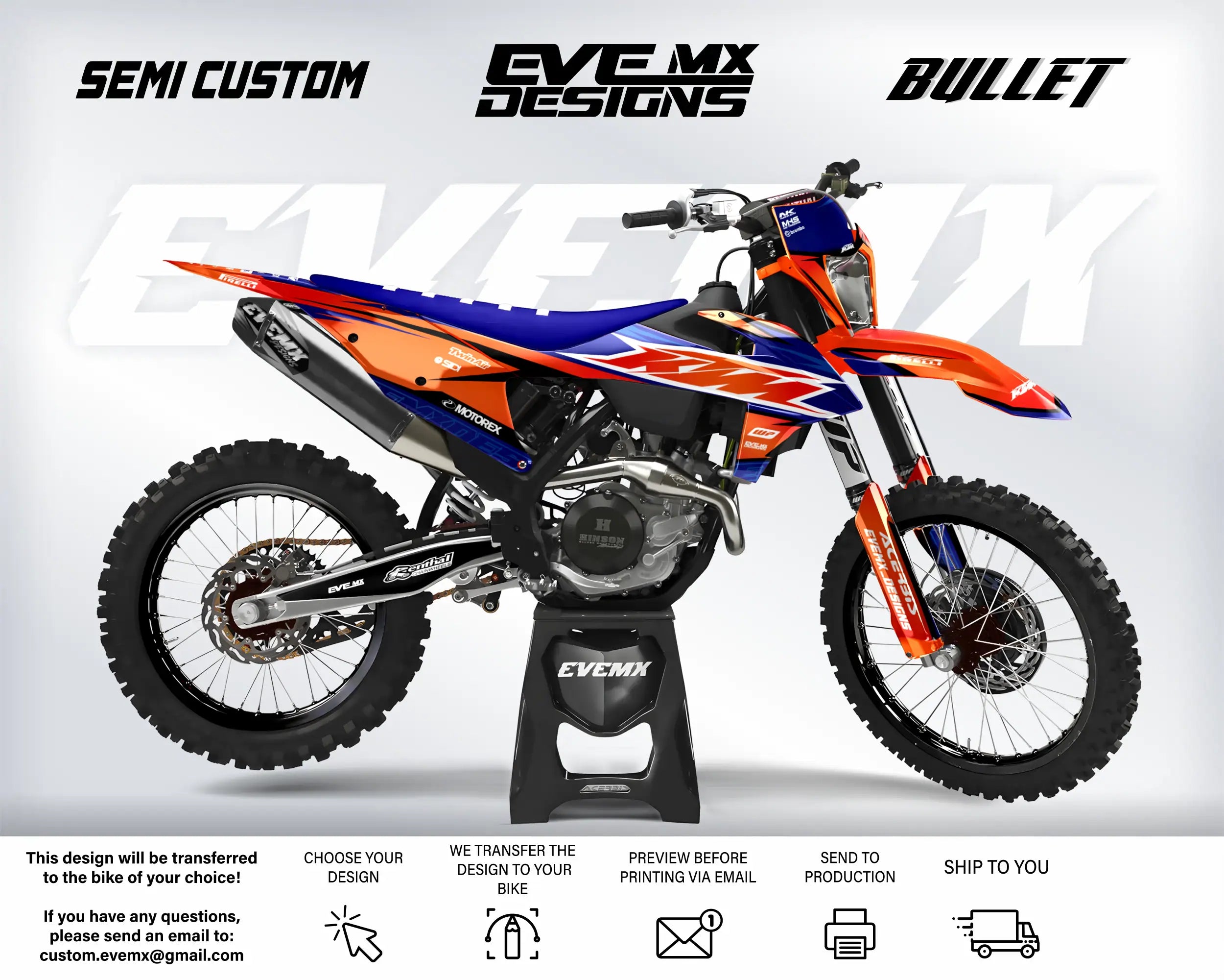 Orange and blue dirt bike with 'EveMX Designs' branding on a white background