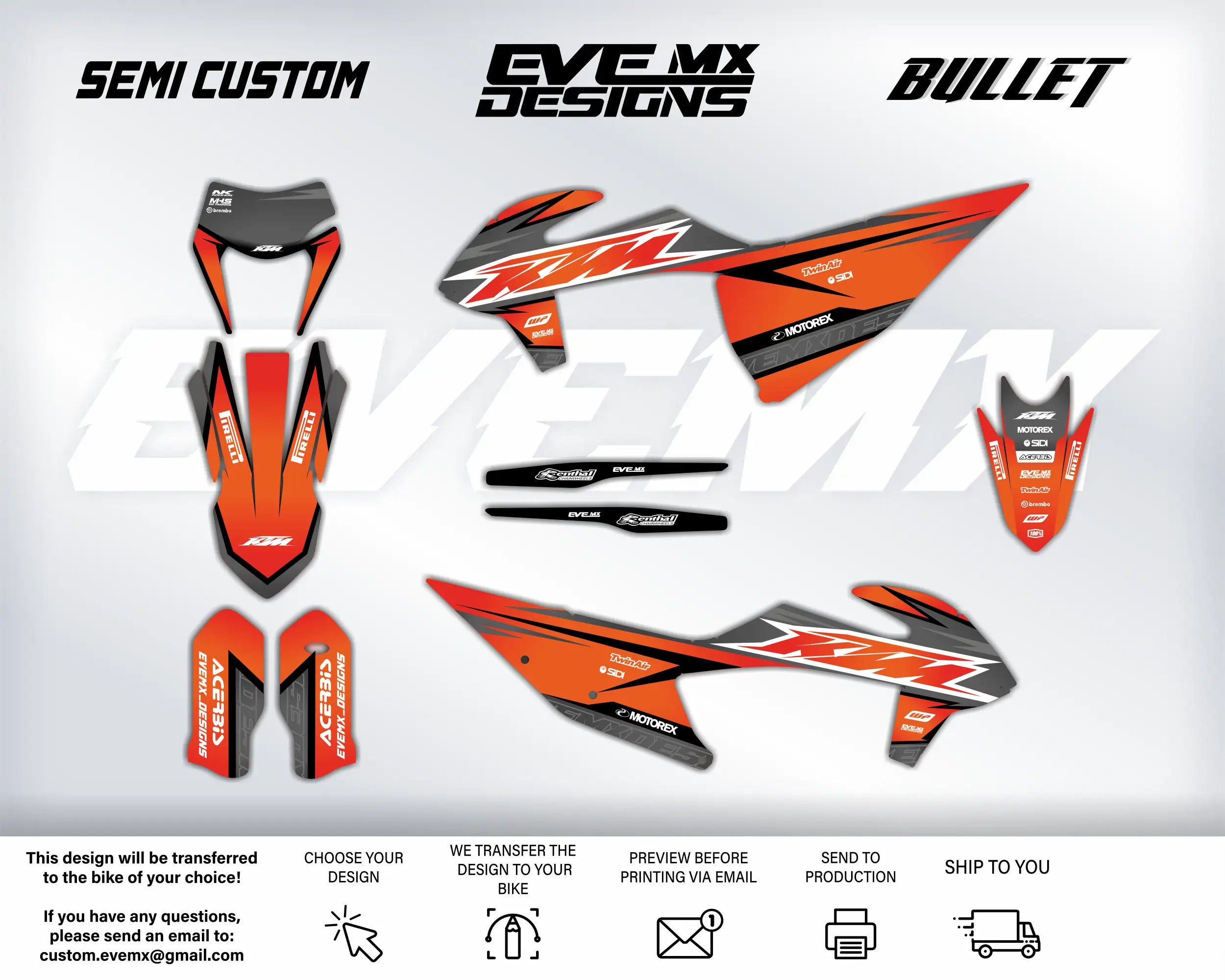KTM motorcycle graphics kit with EveMx Designs branding and design elements on a white background