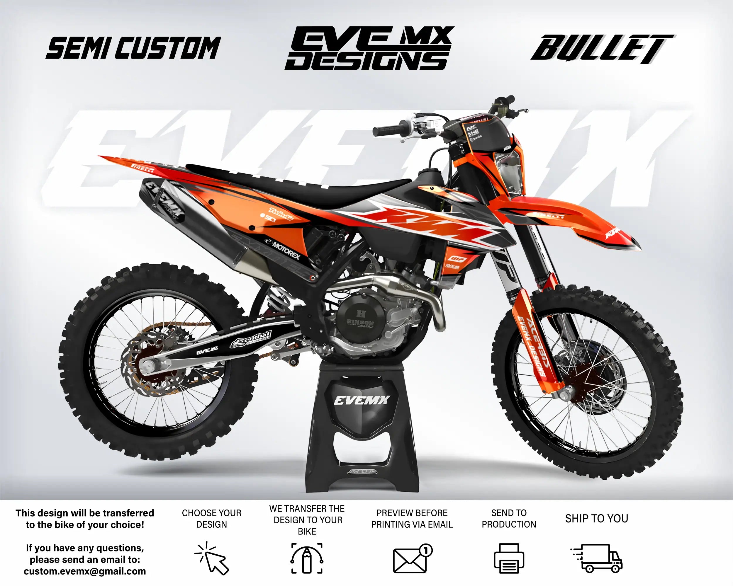 Orange and black dirt bike with 'EveMX Designs' branding on a white background