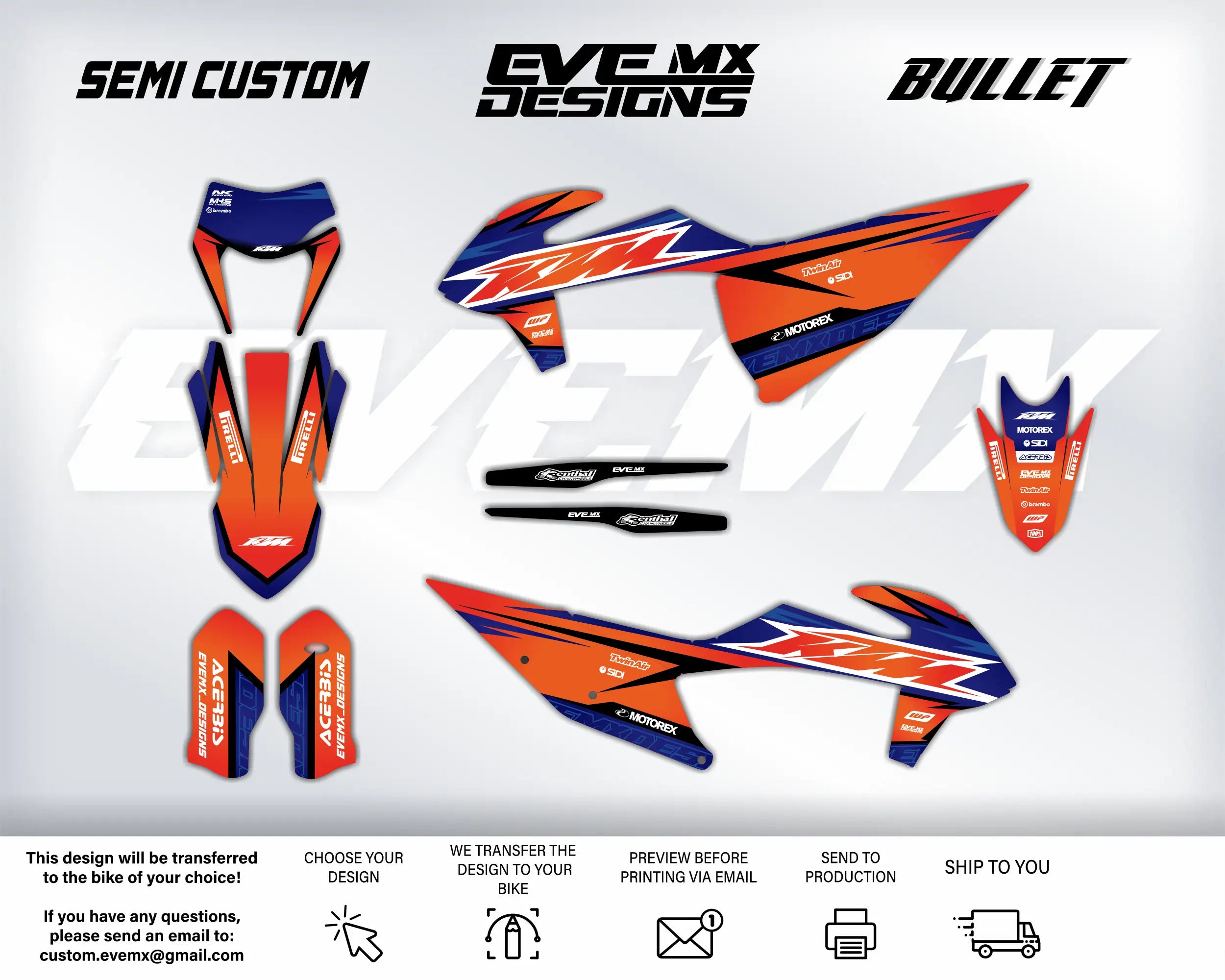 Motorcycle wrap design kit with KTM EveMx Designs branding on a white background