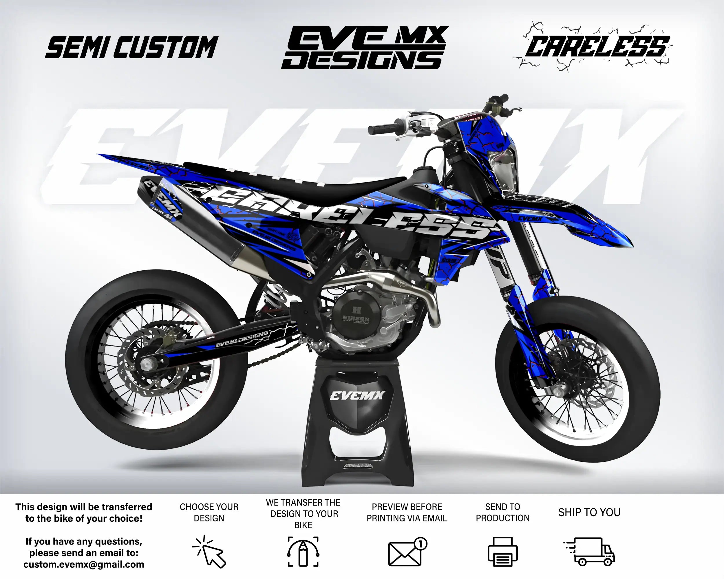 Motocross bike with custom graphics on a white background, featuring 'EveMX Designs' branding.