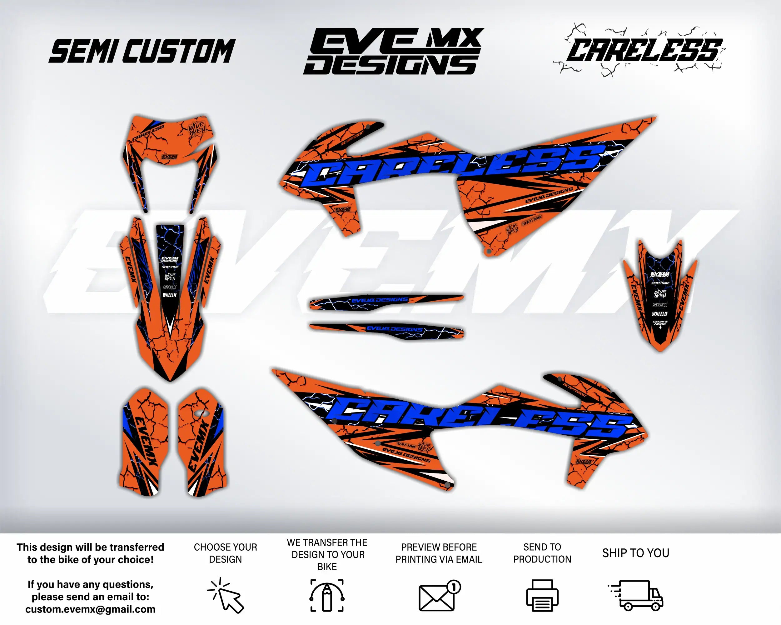 Motorcycle wrap design kit with 'Careless' EveMx Designs branding on a white background