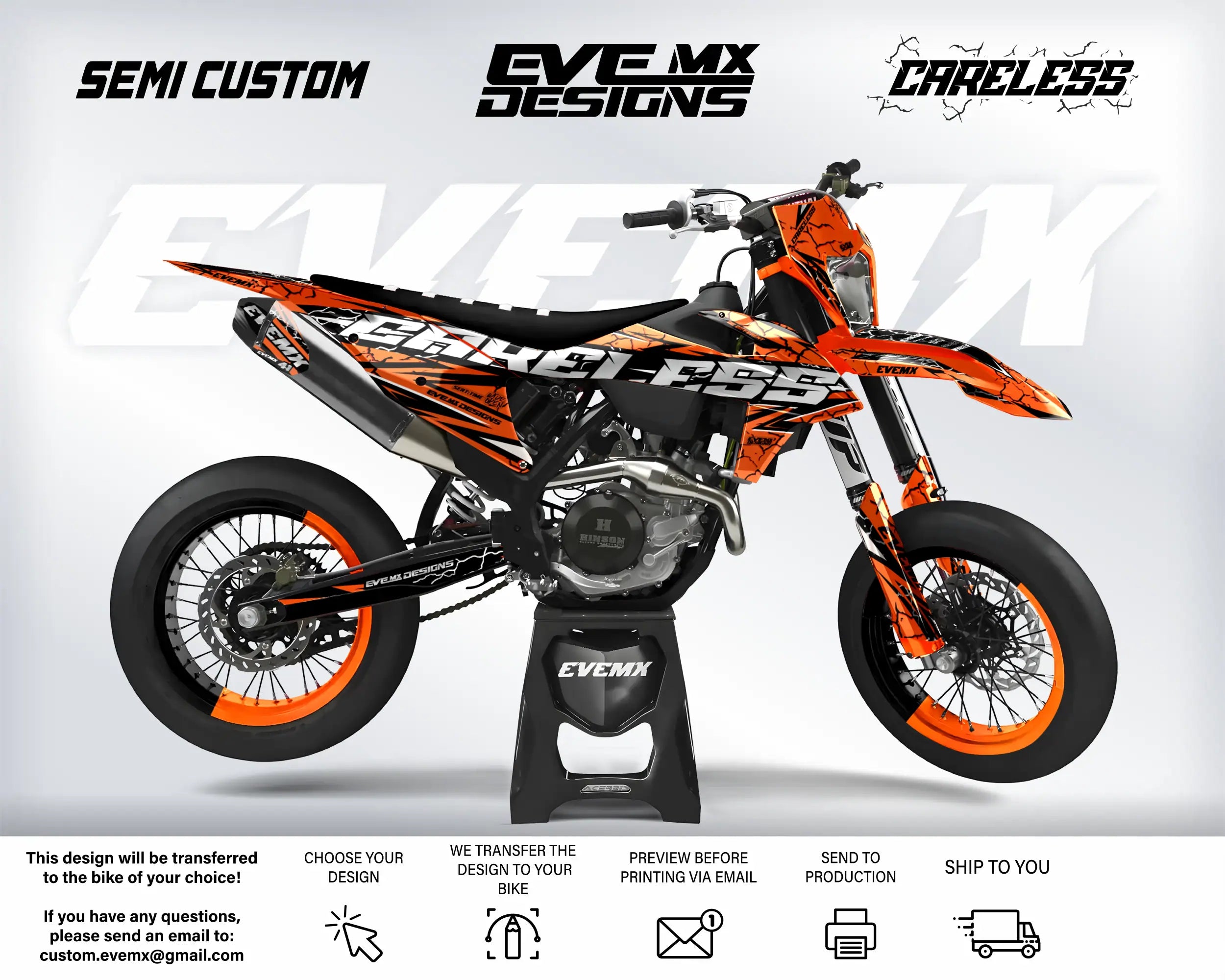 Orange and black dirt bike with 'EveMX Designs' branding on a white background