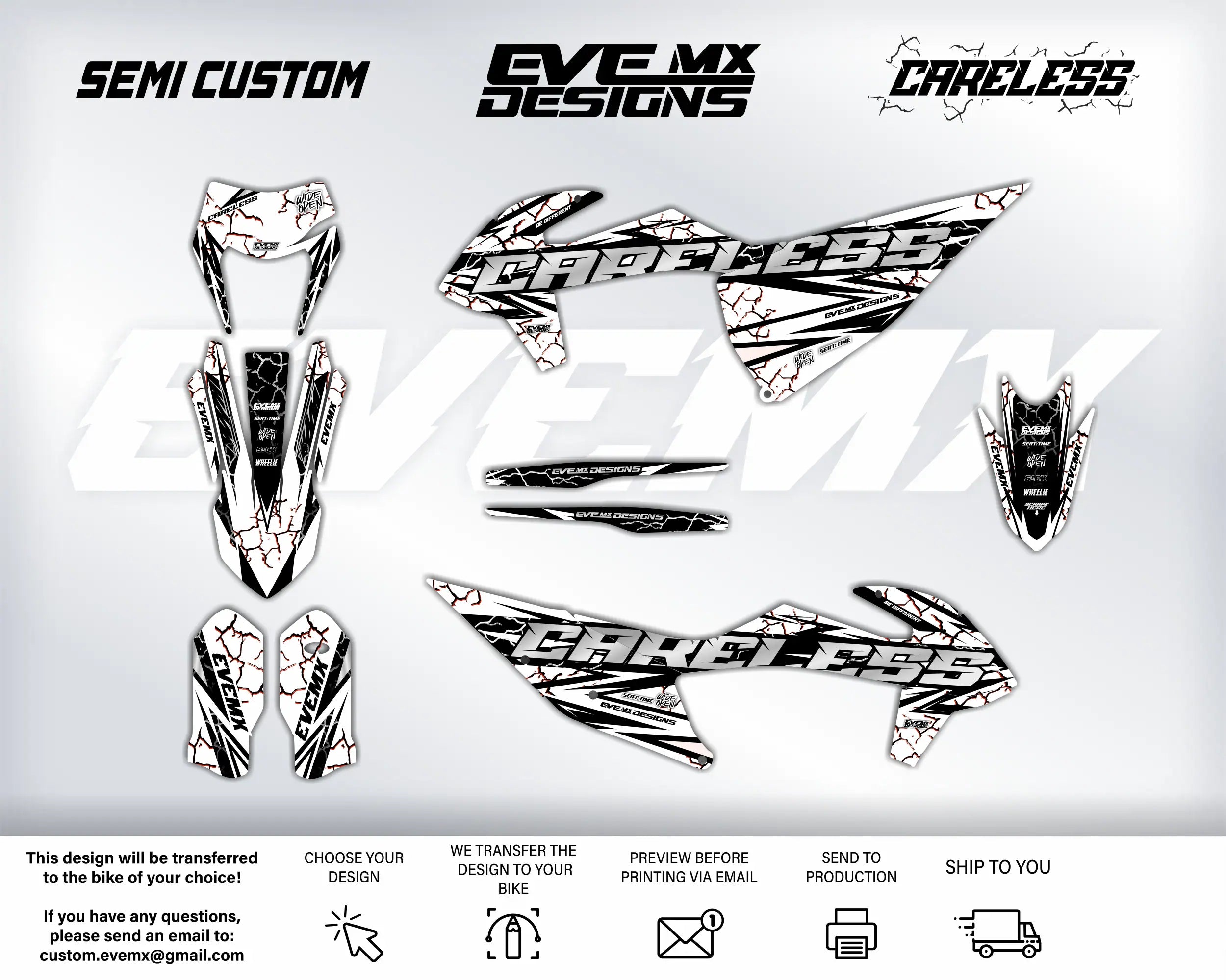 Motorcycle decals with 'EveMX Designs' branding on a white background