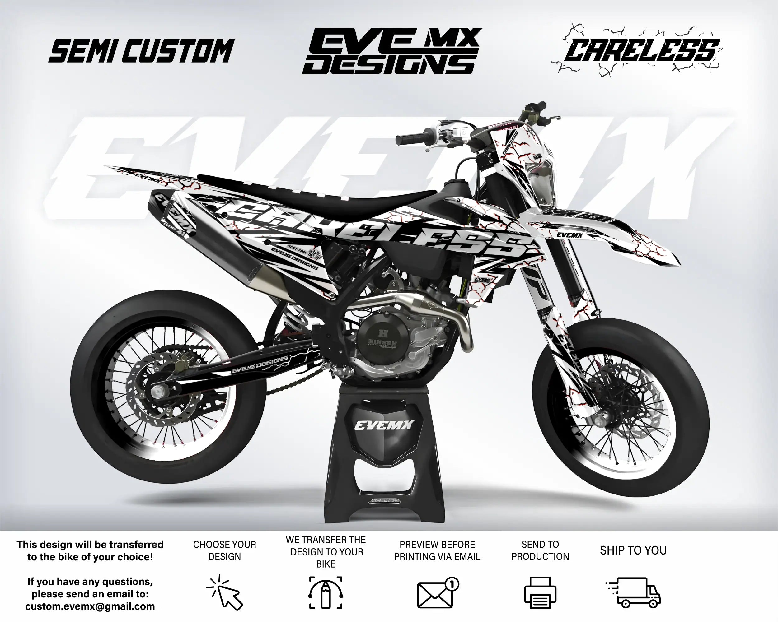 Motocross bike with custom graphics on a white background, featuring 'EveMX Designs' branding.