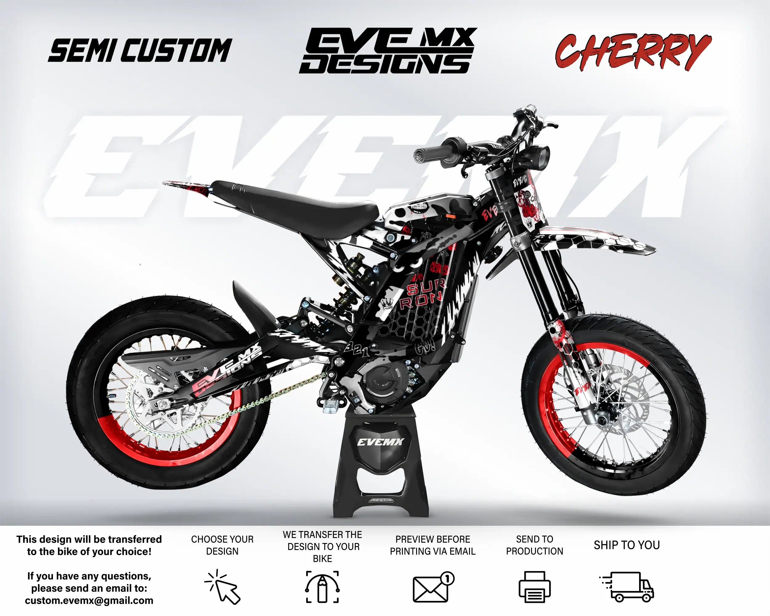 Motorcycle with 'EveMX Designs' branding on a white background