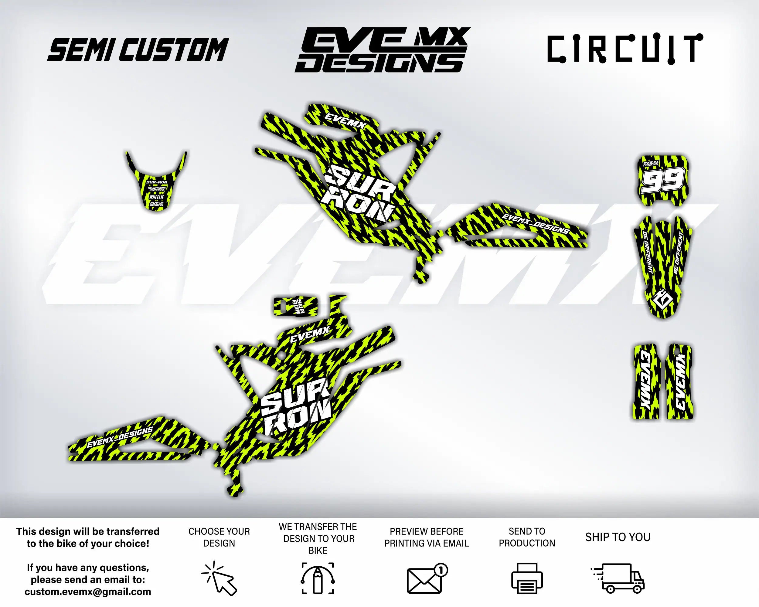 Semi Custom EVEMX Designs “Circuit” motorcycle graphics kit in neon yellow and black with number 99 plates displayed on a white background.