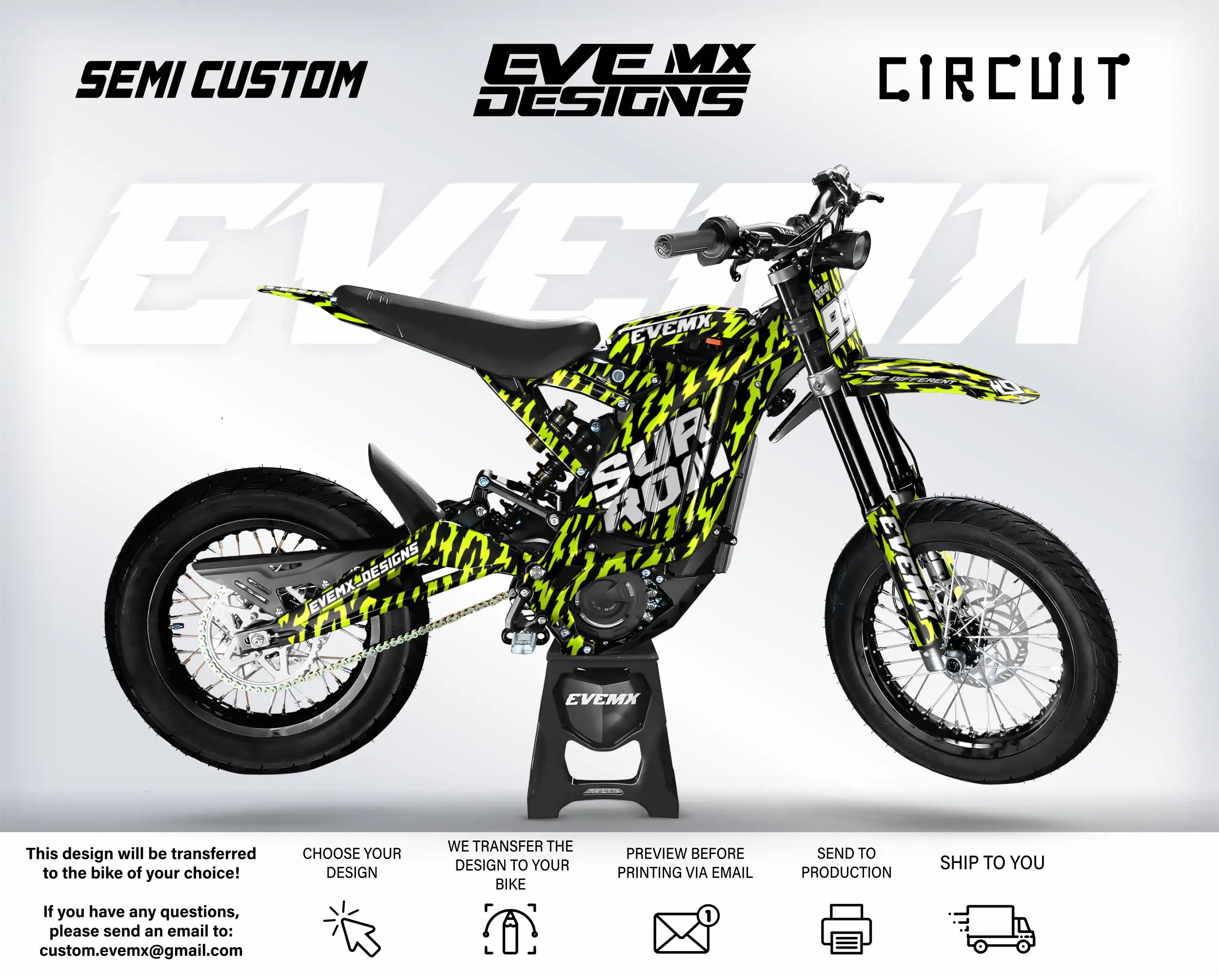 Motorcycle with yellow and black design on a white background, featuring 'EveMX Designs' branding.