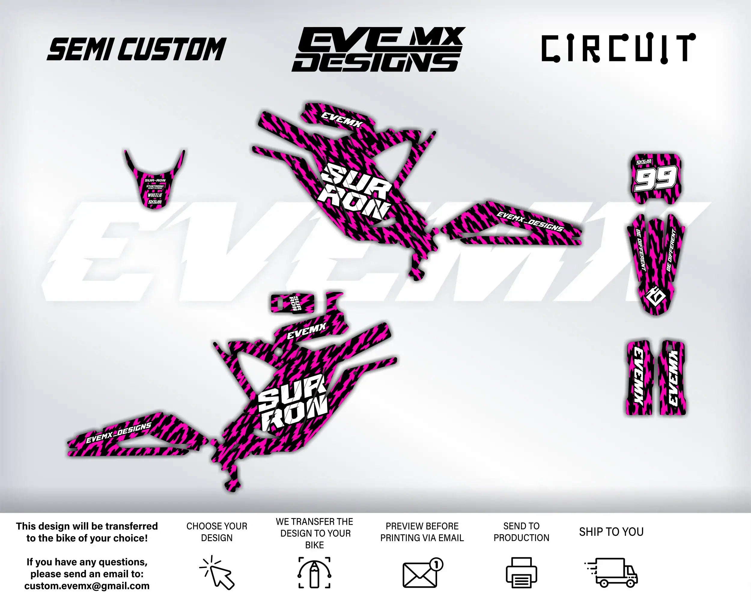 2D, Electric bike graphics kit with pink and black design on a white background, featuring 'Eve MX Designs' and 'Sur Ron'.