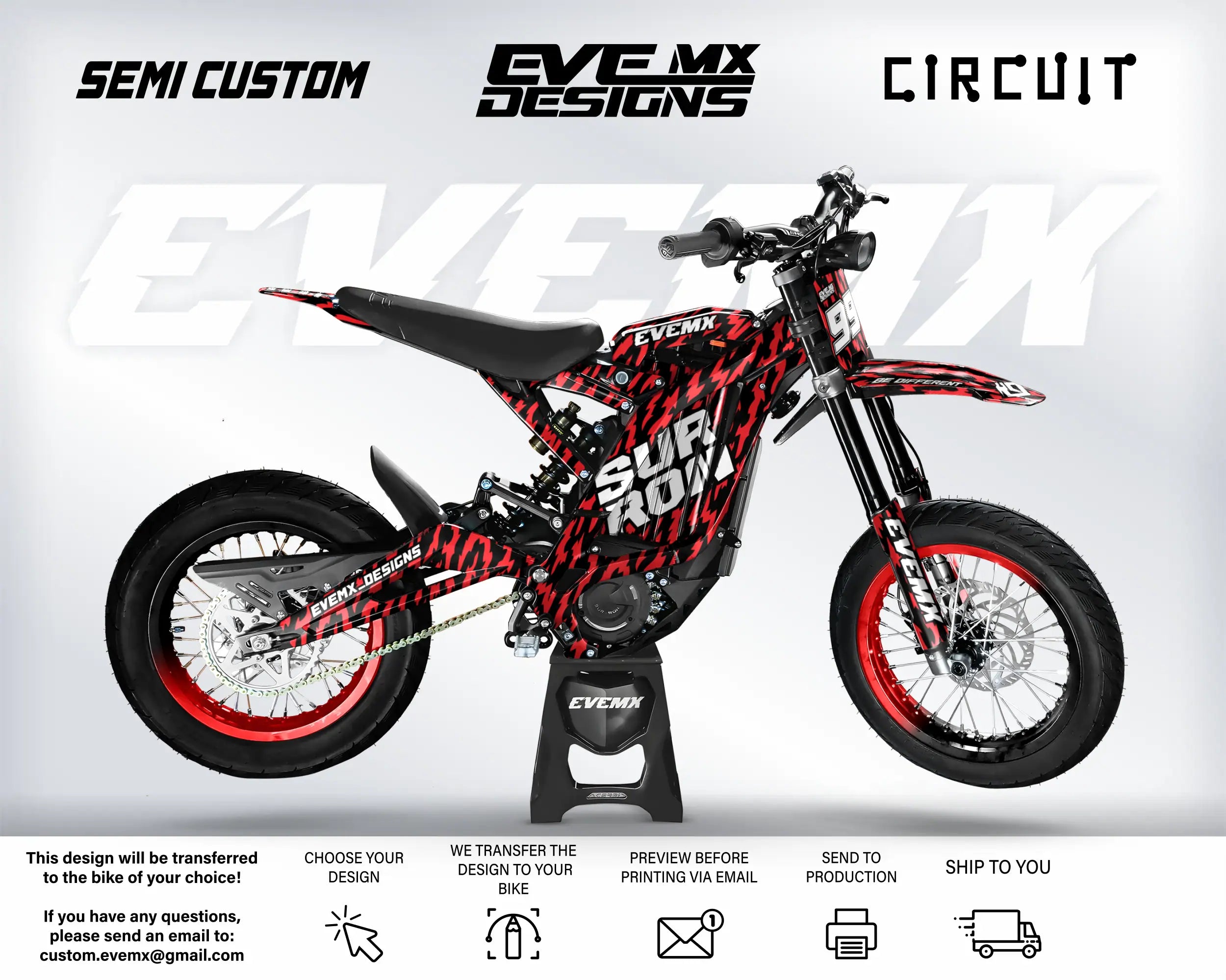 Red and black dirt bike with 'EveMX Designs' branding on a white background