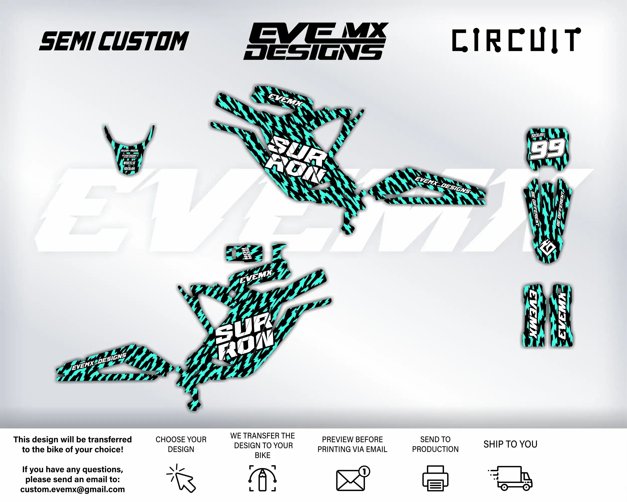 Motorcycle decals with 'Semi Custom', 'EveMX Designs', and 'Circuit' branding on a white background.