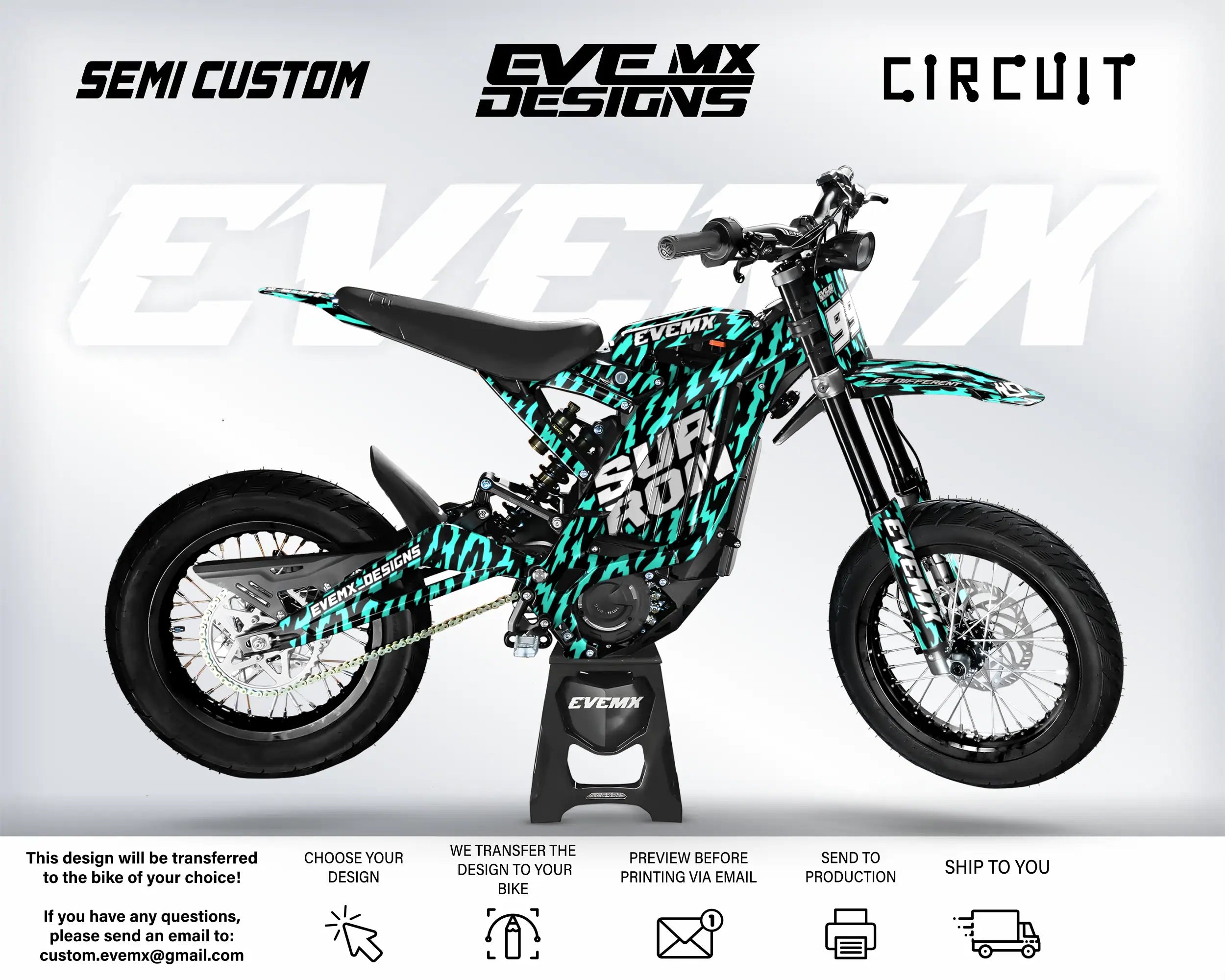 Motorcycle with 'EveMX Designs' branding on a white background