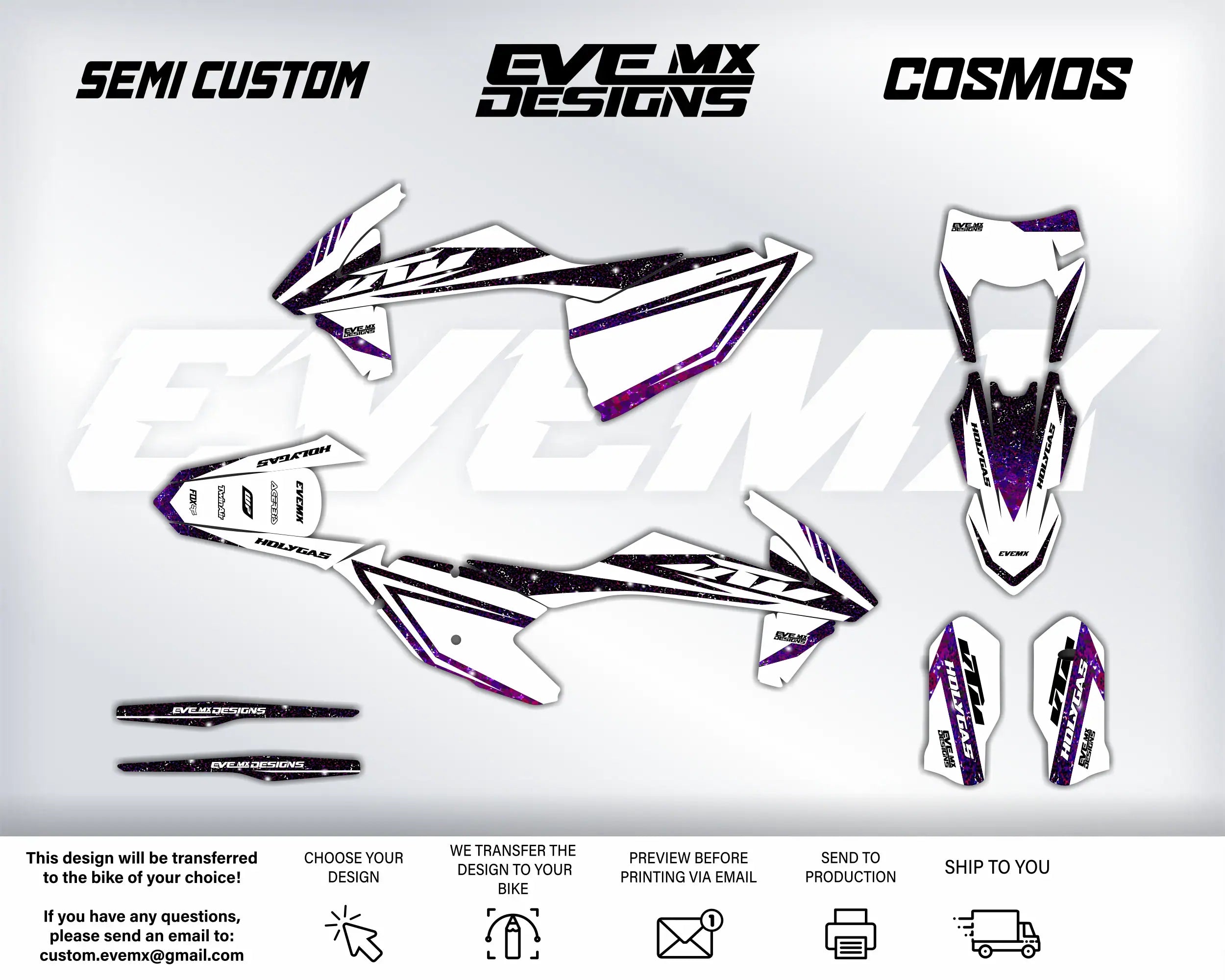 Motorcycle wrap design with 'EveMX Designs' branding on a white background