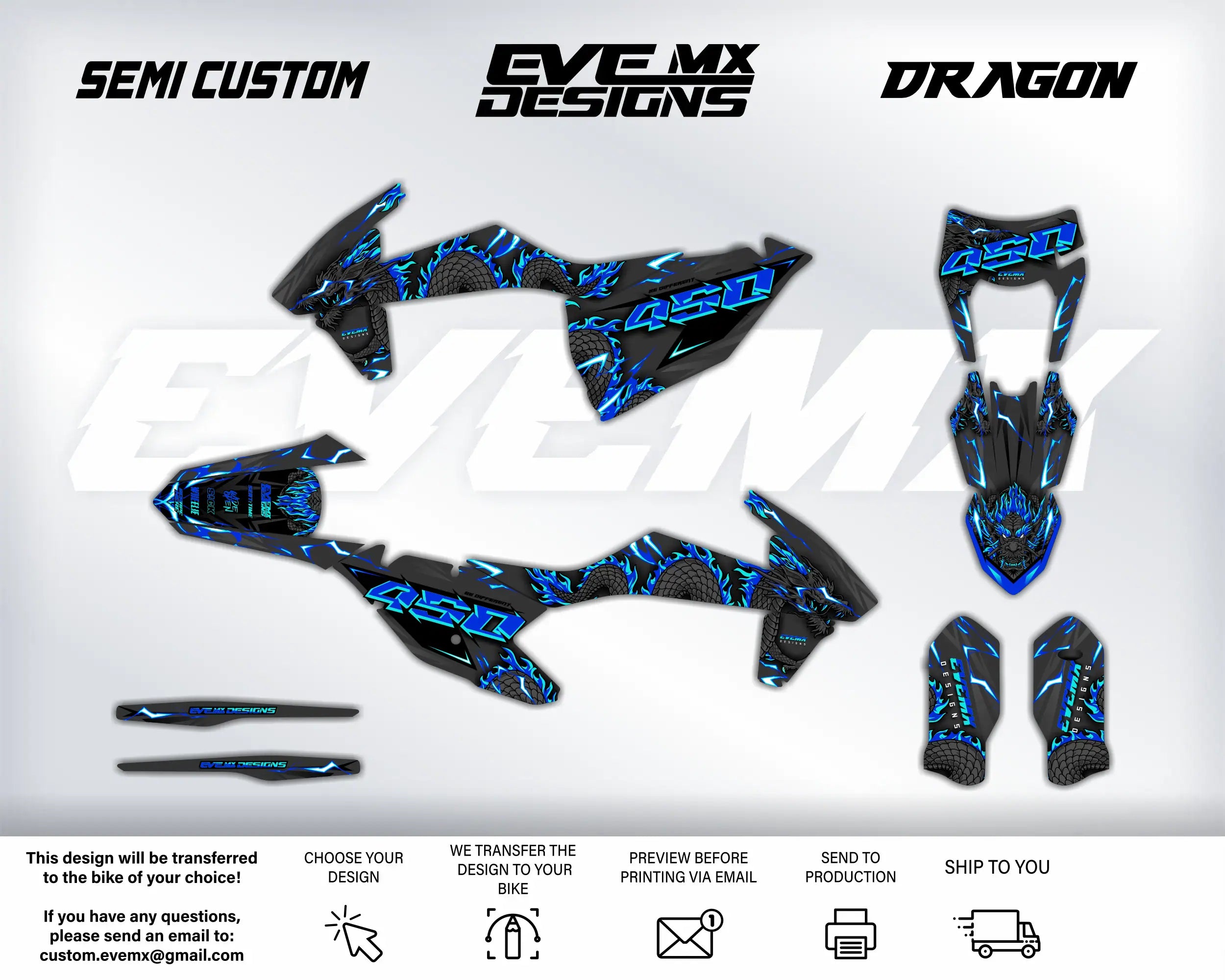 Motorcycle wrap design with 'EveMX Designs' branding on a white background