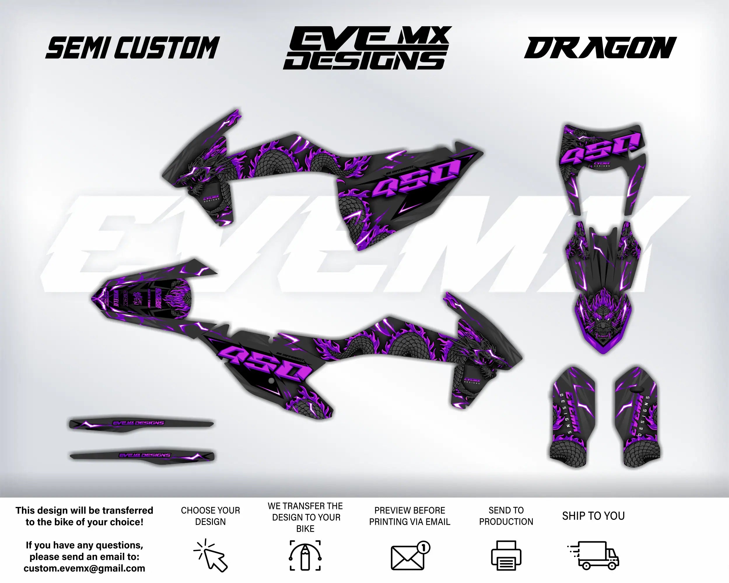 Motorcycle wrap design with 'Semi Custom', 'EveMX Designs', and 'Dragon' branding on a white background.