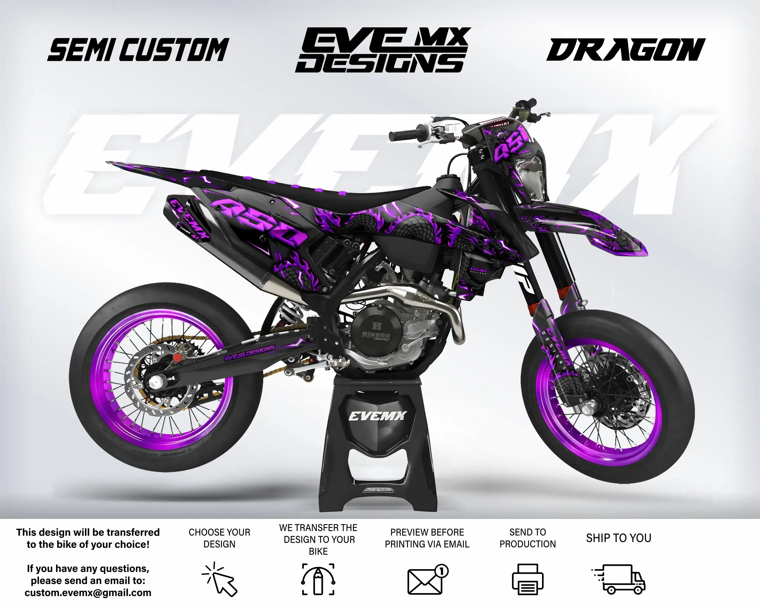 Motorcycle with purple and black design on a white background, featuring 'EveMX Designs' branding.