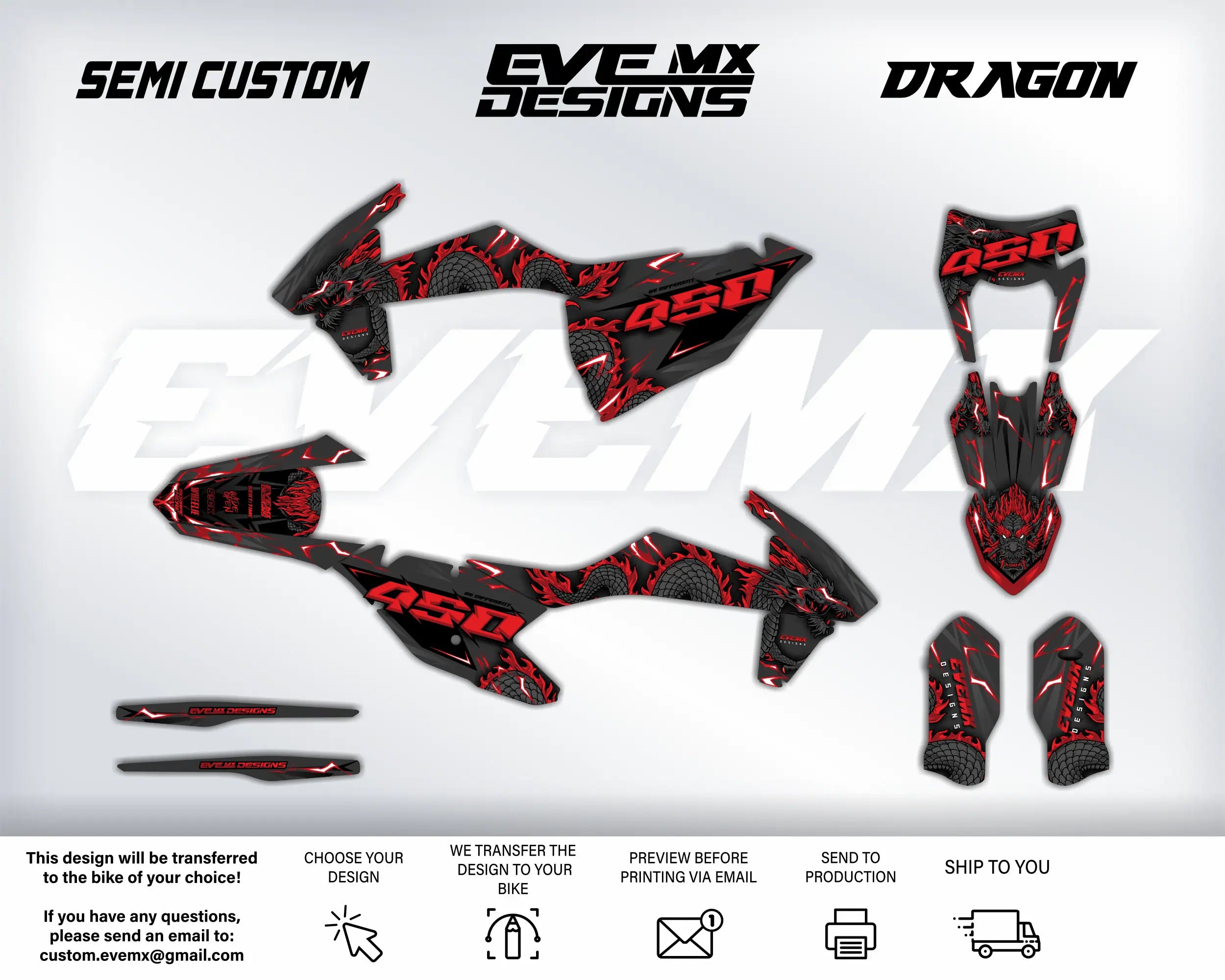 Motorcycle wrap design with 'Semi Custom', 'EveMX Designs', and 'Dragon' branding on a white background.