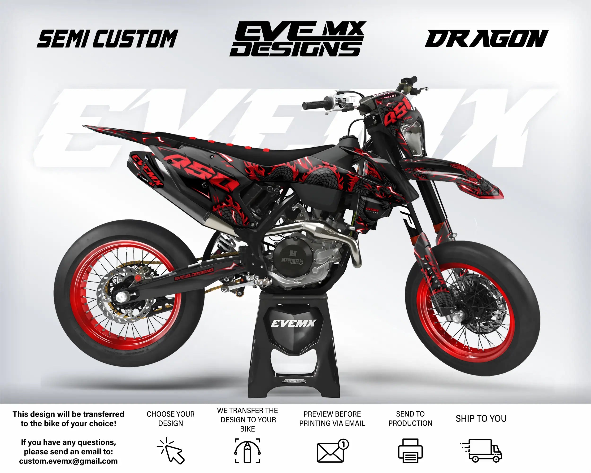 Motorcycle with red and black design on a white background, featuring 'EveMX Designs' branding.