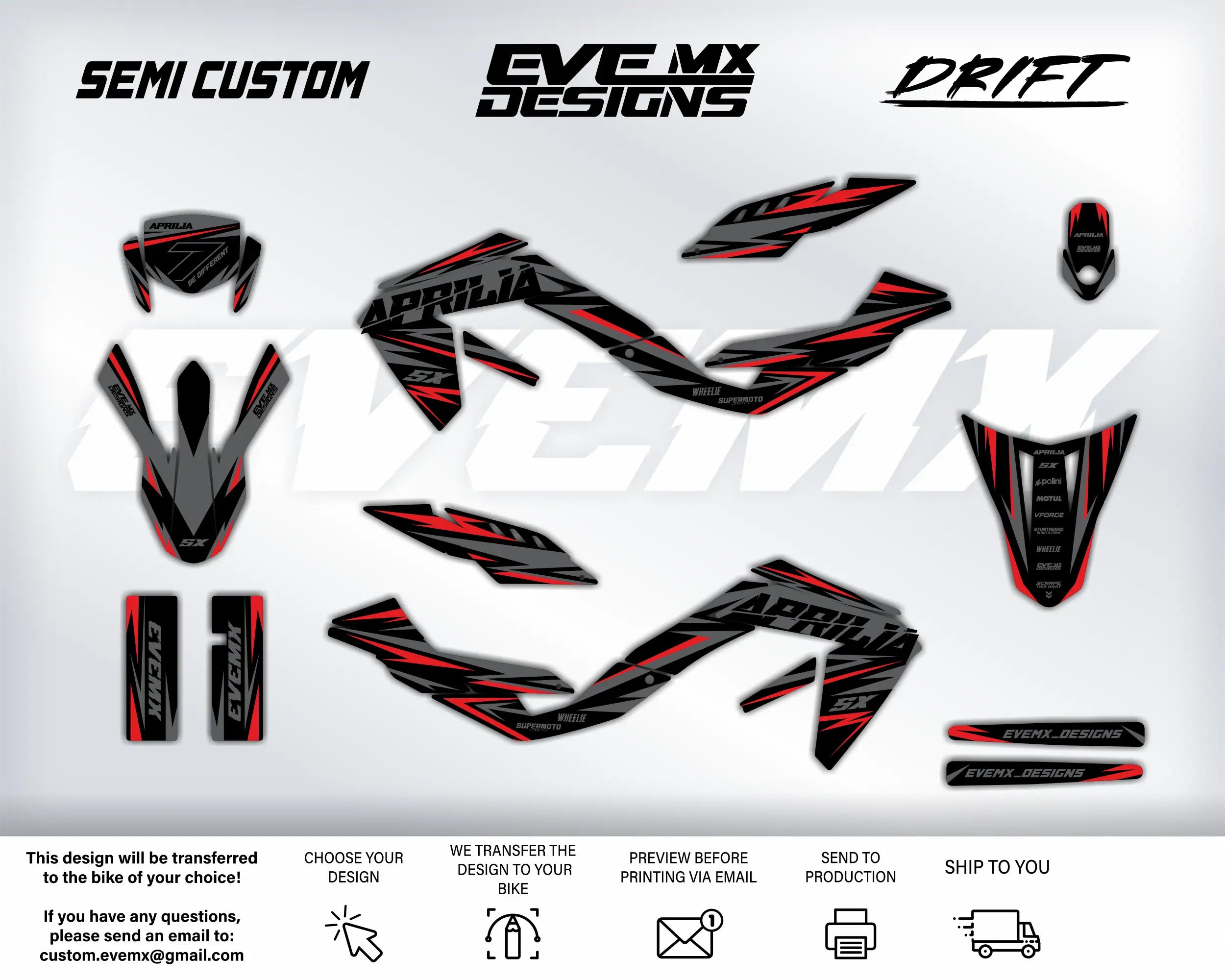 Motorcycle graphics kit with 'EveMX Designs' branding on a white background