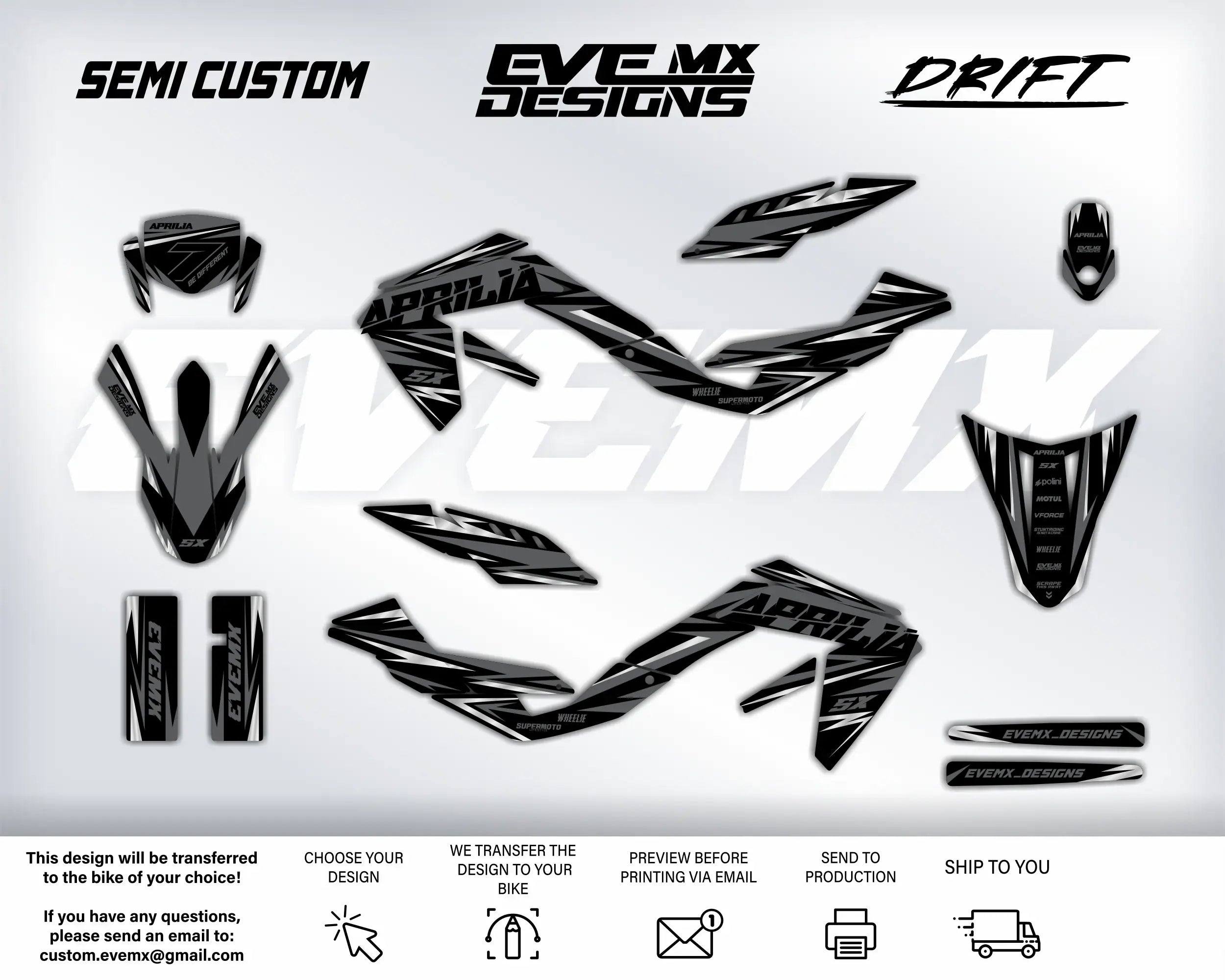 Motorcycle graphics kit with 'EveMX Designs' branding on a white background