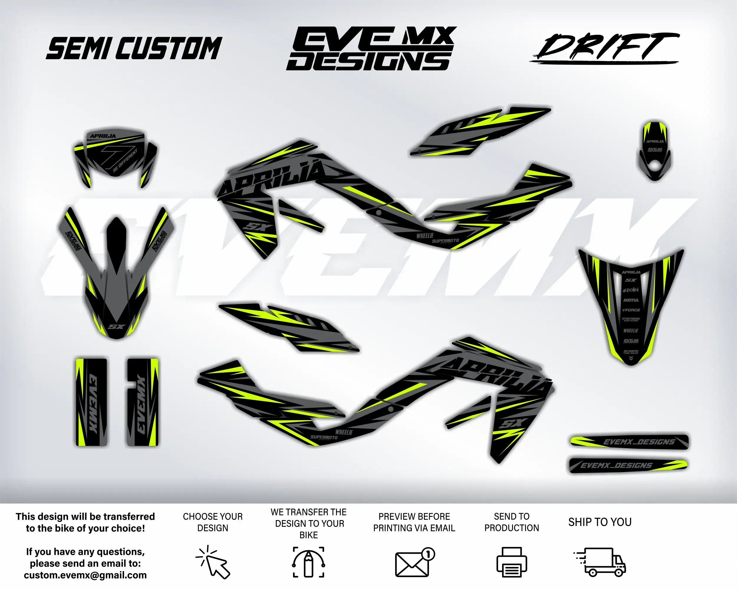 Motorcycle wrap design with 'EveMX Designs' branding on a white background