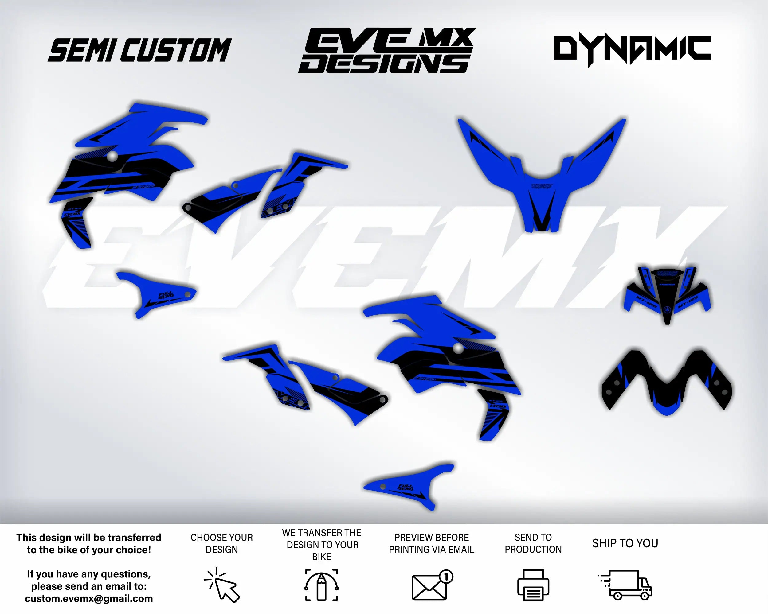 Blue and black motorcycle decals with 'EveMX Designs' branding on a white background.