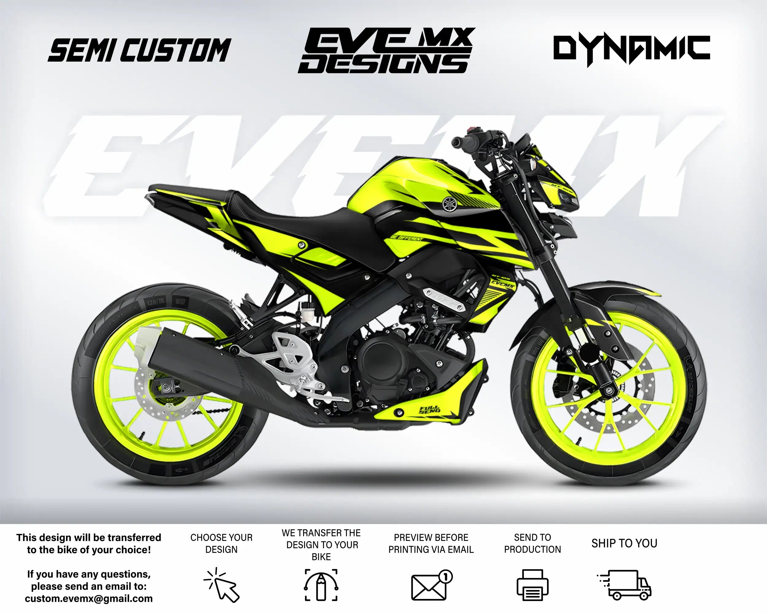 Yellow and black motorcycle with 'EveMX Designs' branding on a white background