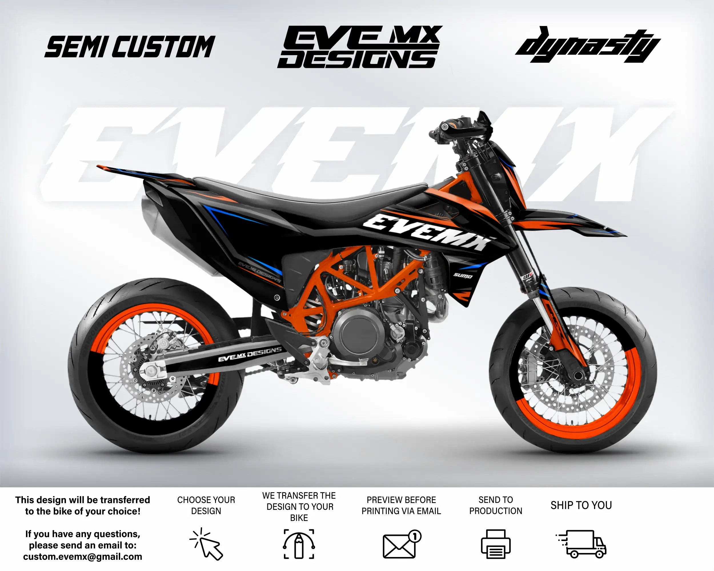 Custom dirt bike with 'EveMX Designs' branding on a white background