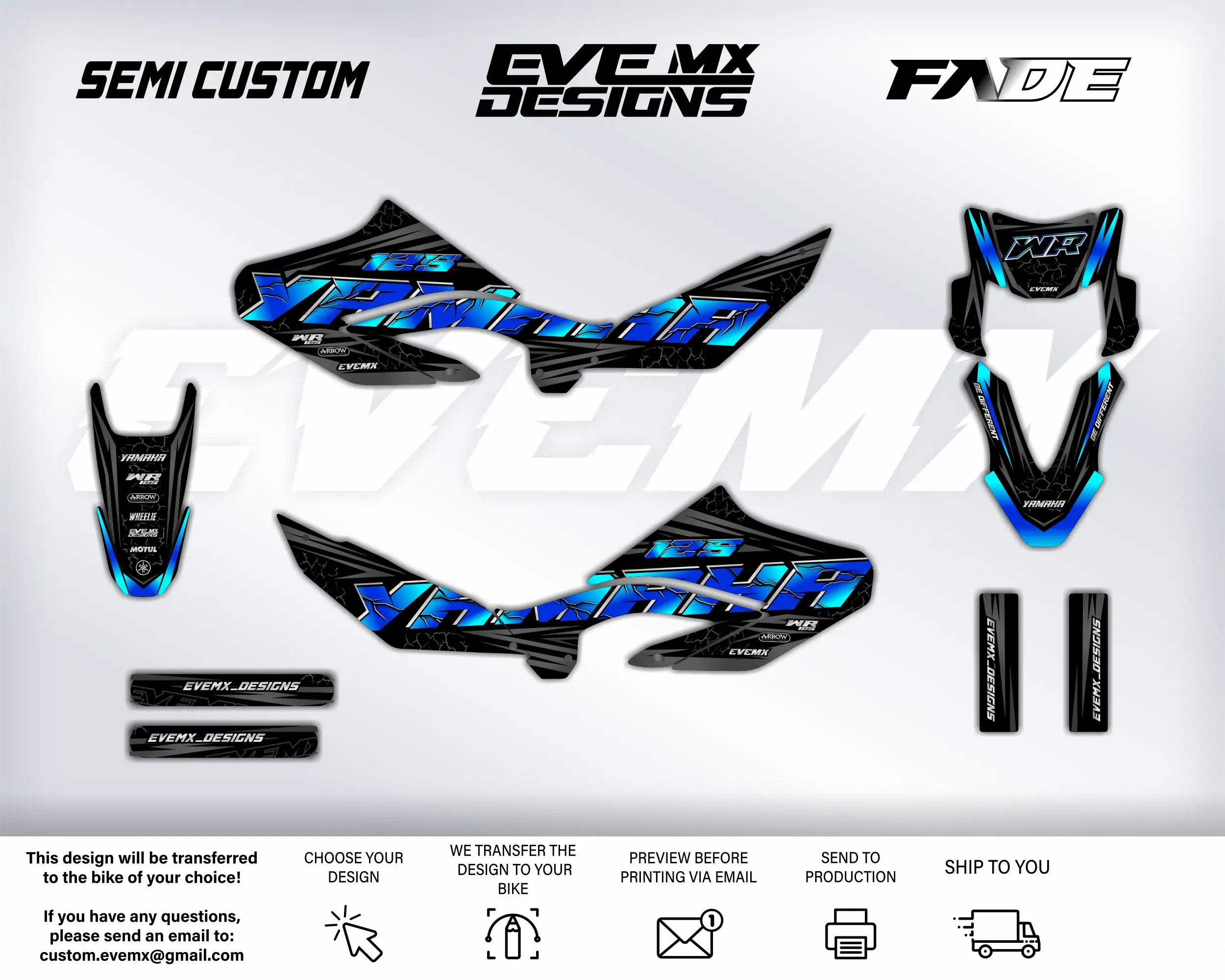 Motorcycle wrap design with 'EVEMX Designs' branding on a white background